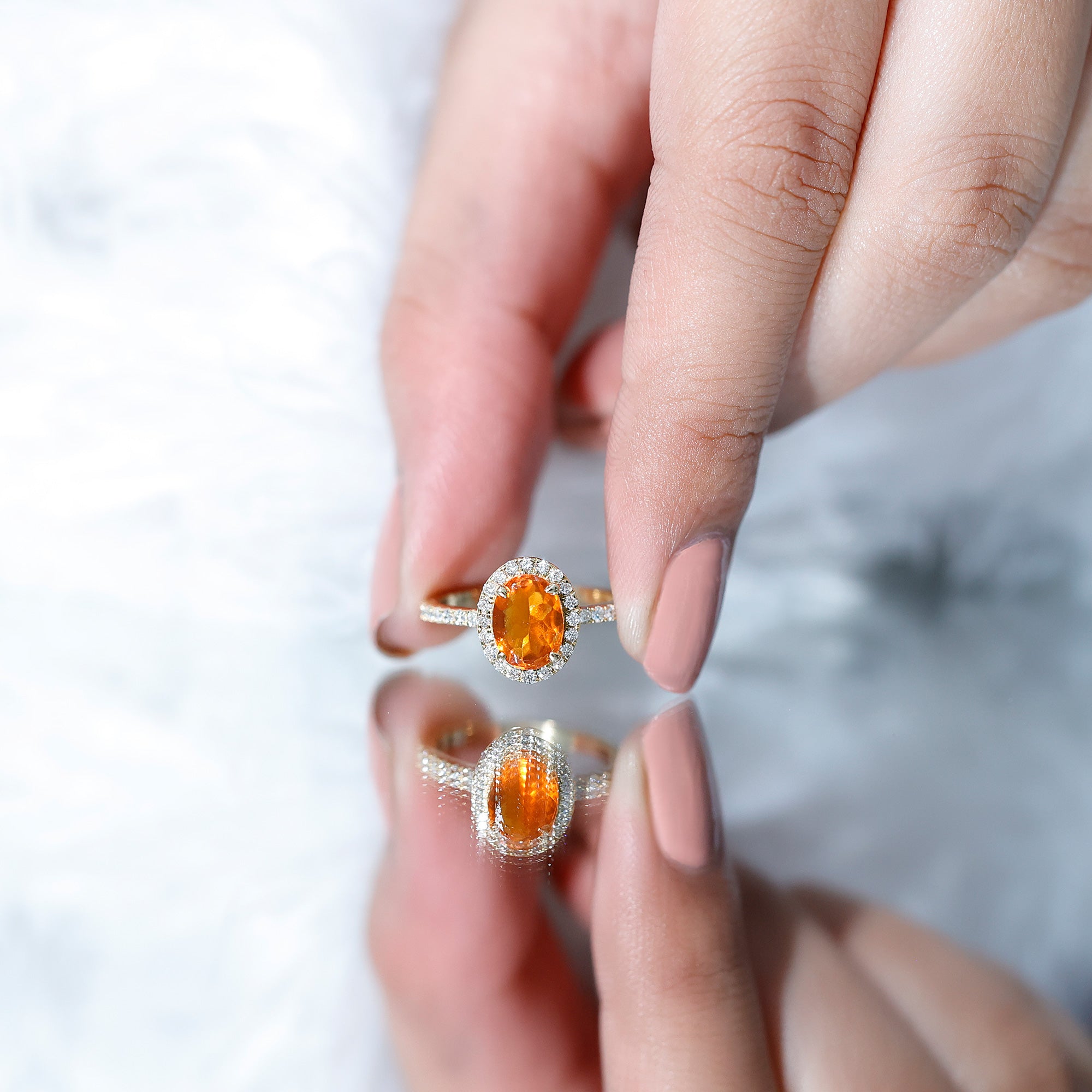 Rosec Jewels-Oval 6X8MM Fire Opal Engagement Ring with Diamond Halo