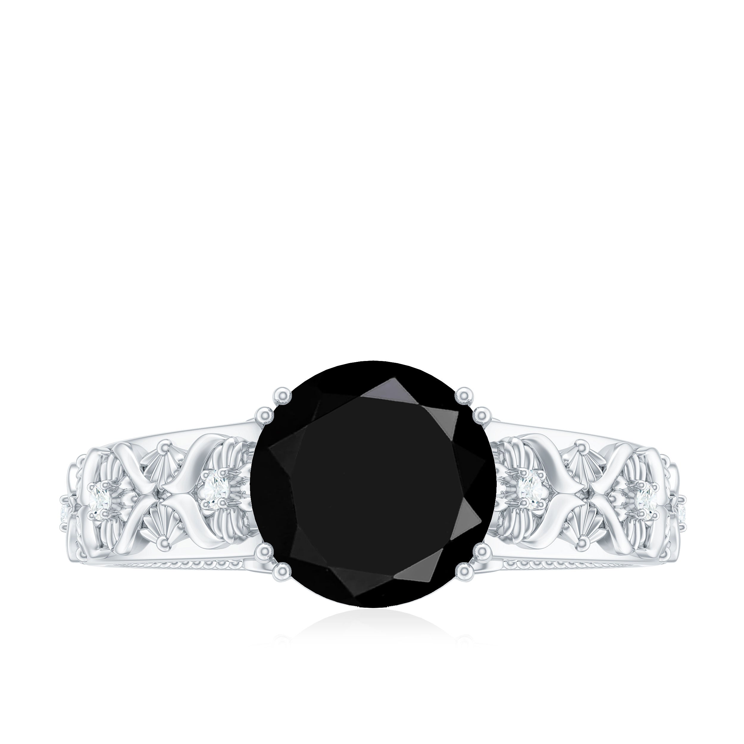 8mm Round Black Onyx Solitaire Antique Looking Engagement Ring with Diamond AAA - Rosec Jewels