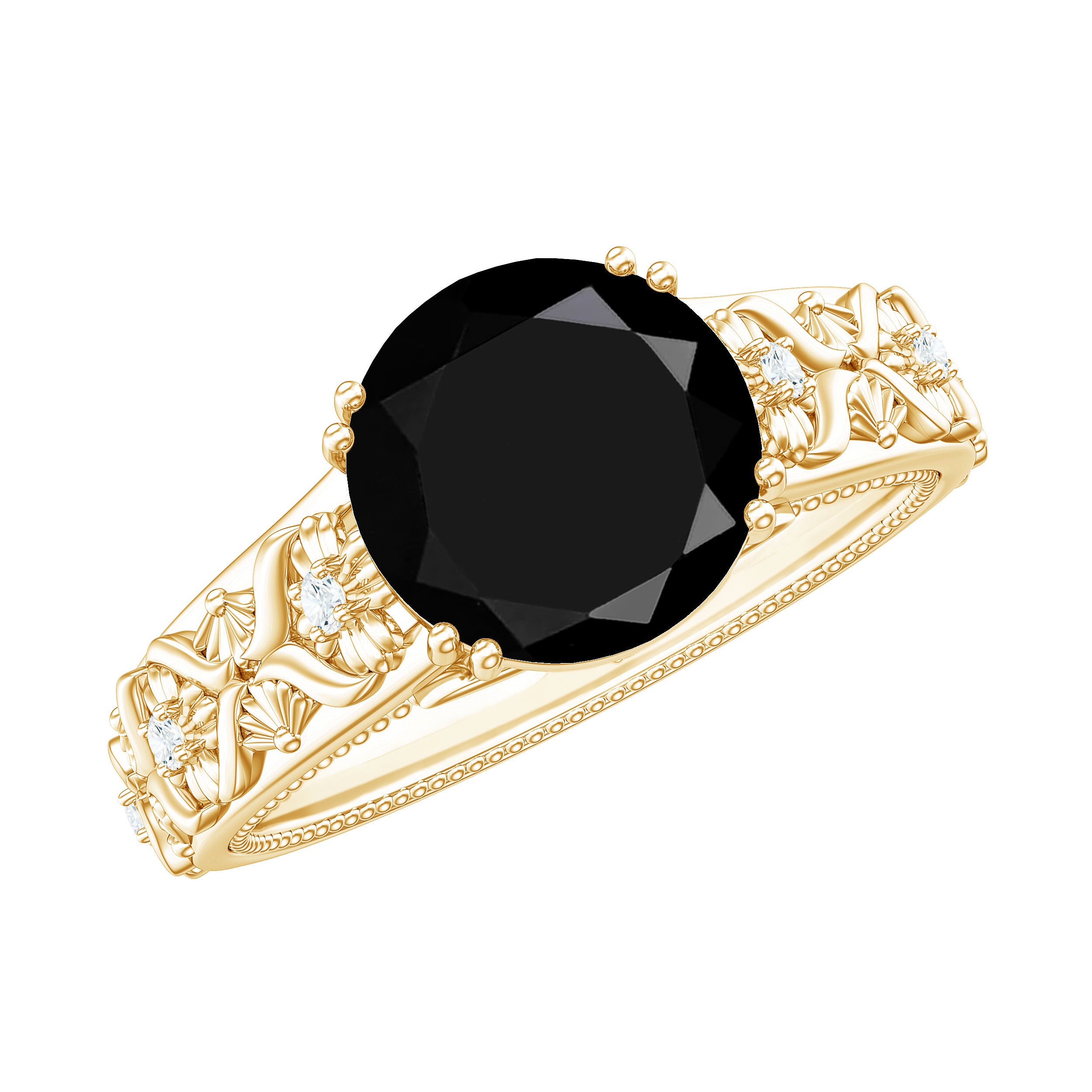 8mm Round Black Onyx Solitaire Antique Looking Engagement Ring with Diamond AAA - Rosec Jewels