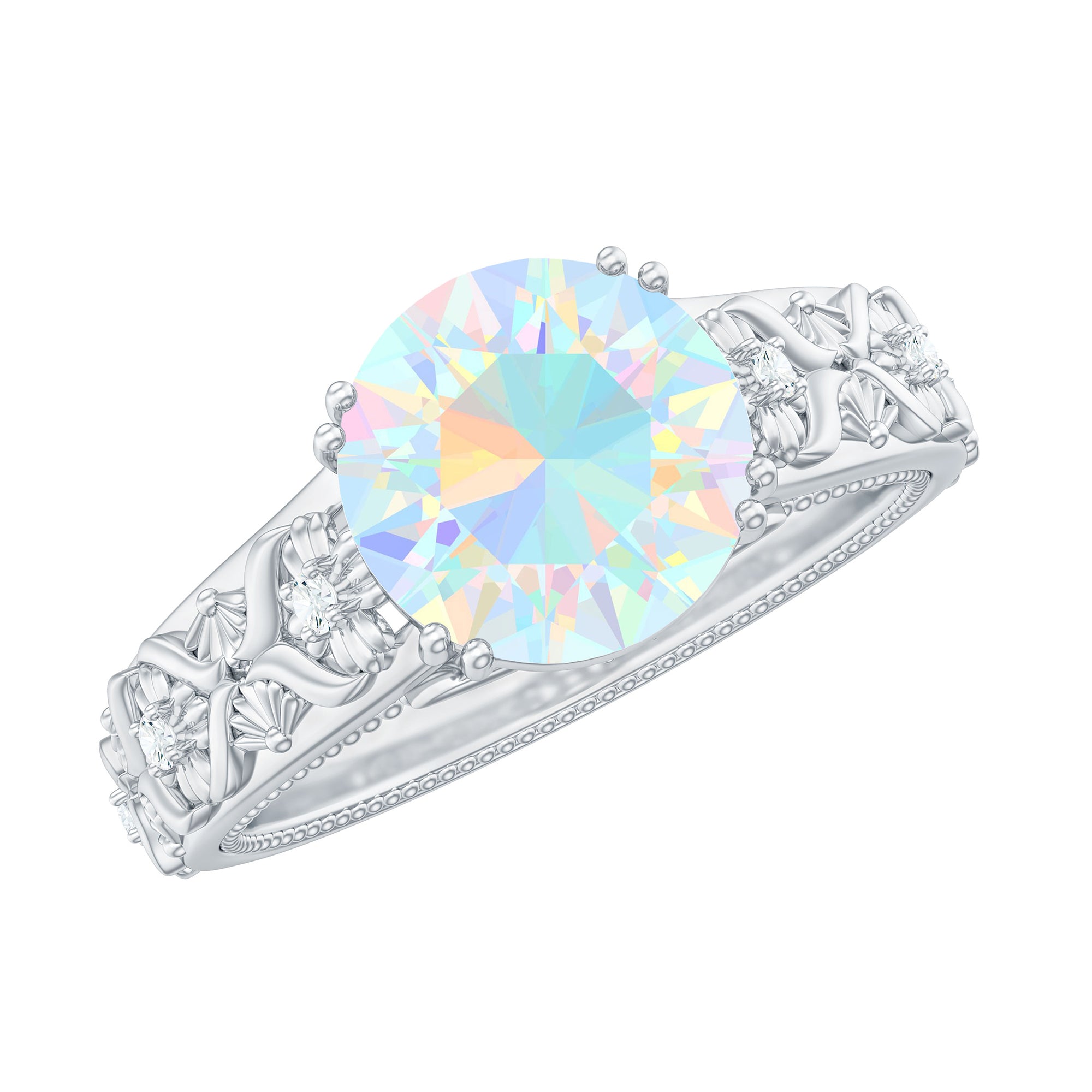 2 CT Vintage Style Solitaire Ethiopian Opal Flower Ring with Diamond Ethiopian Opal - ( AAA ) - Quality - Rosec Jewels
