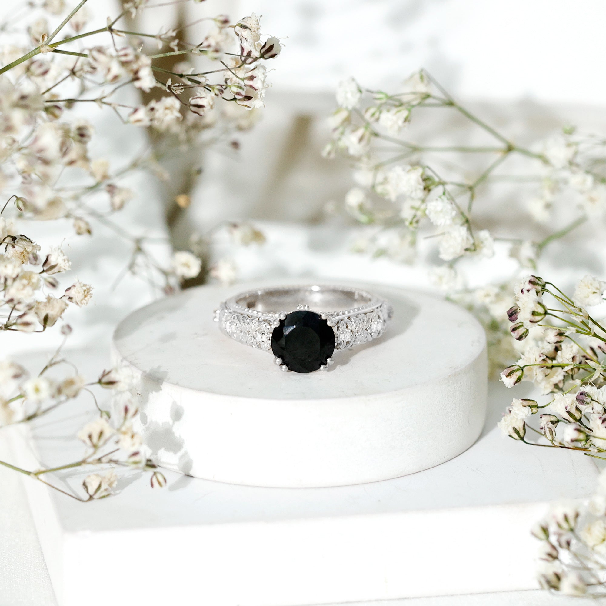 Nature Inspired 2 Carat Lab Grown Black and White Diamond Engagement Ring AAAA ( Synthetic ) - Rosec Jewels