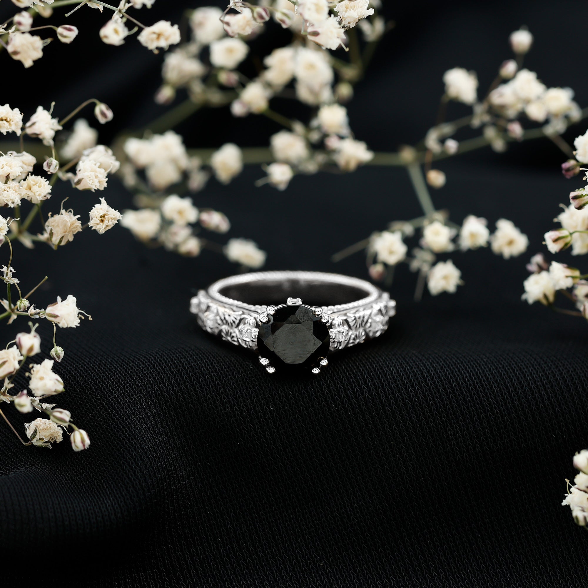 Nature Inspired 2 Carat Lab Grown Black and White Diamond Engagement Ring AAAA ( Synthetic ) - Rosec Jewels
