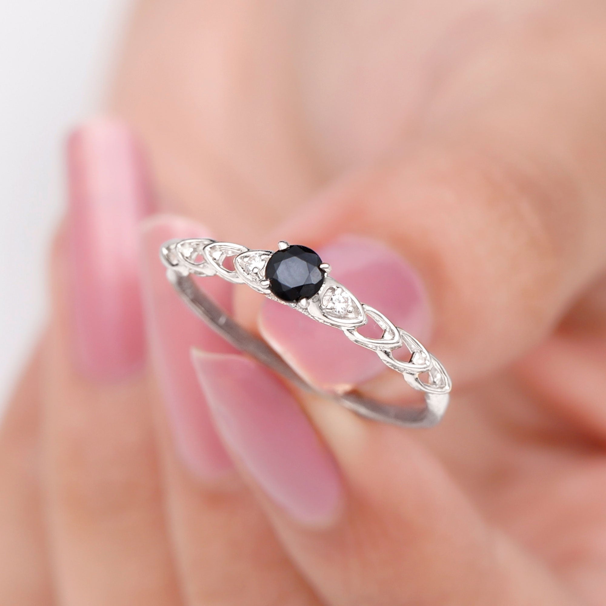 Rosec Jewels-Natural Black Spinel Diamond Promise Ring with Certificate