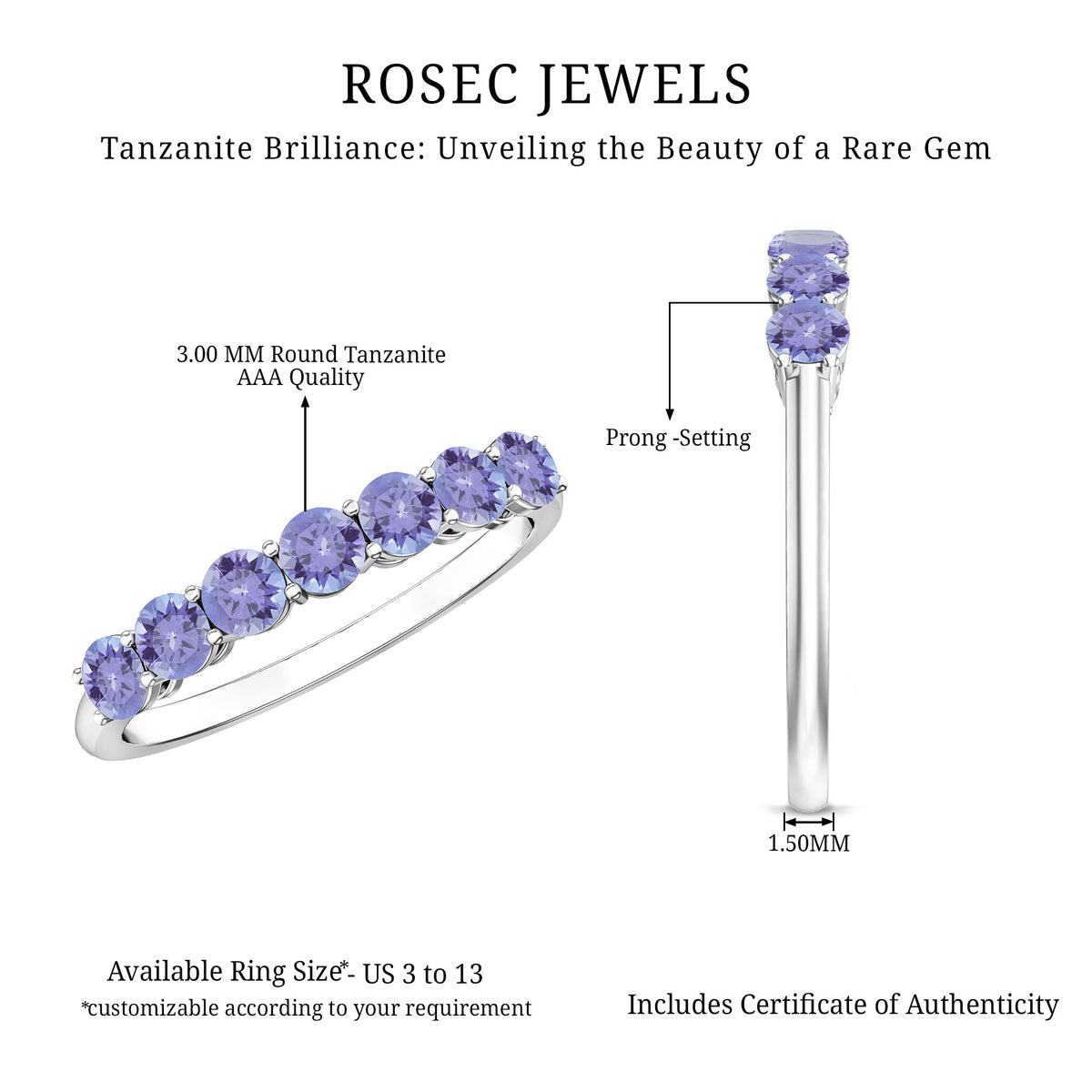 Certified Real Tanzanite Half Eternity Ring for Anniversary AAA - Rosec Jewels