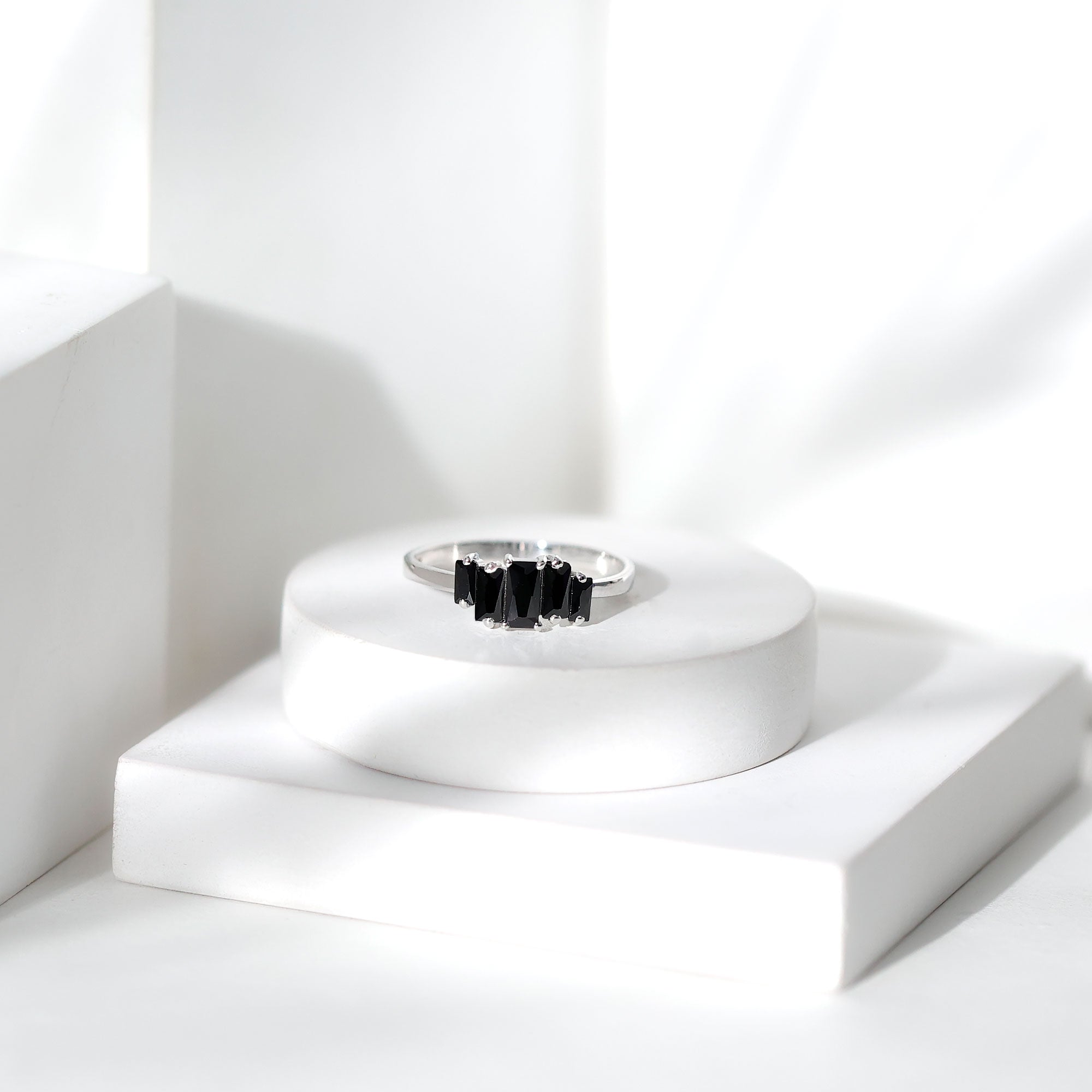 Baguette Cut Black Onyx 5 Stone Anniversary Ring AAA - Rosec Jewels