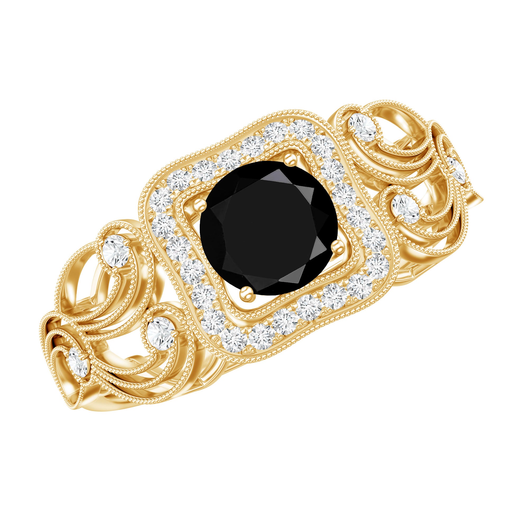 Natural Black Spinel Retro Engagement Ring with Diamond AAA - Rosec Jewels