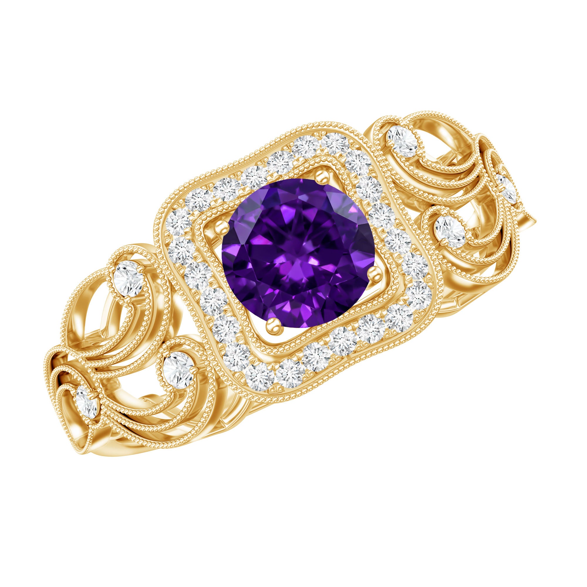 Vintage Inspired Real Amethyst Engagement Ring with Diamond AAA - Rosec Jewels