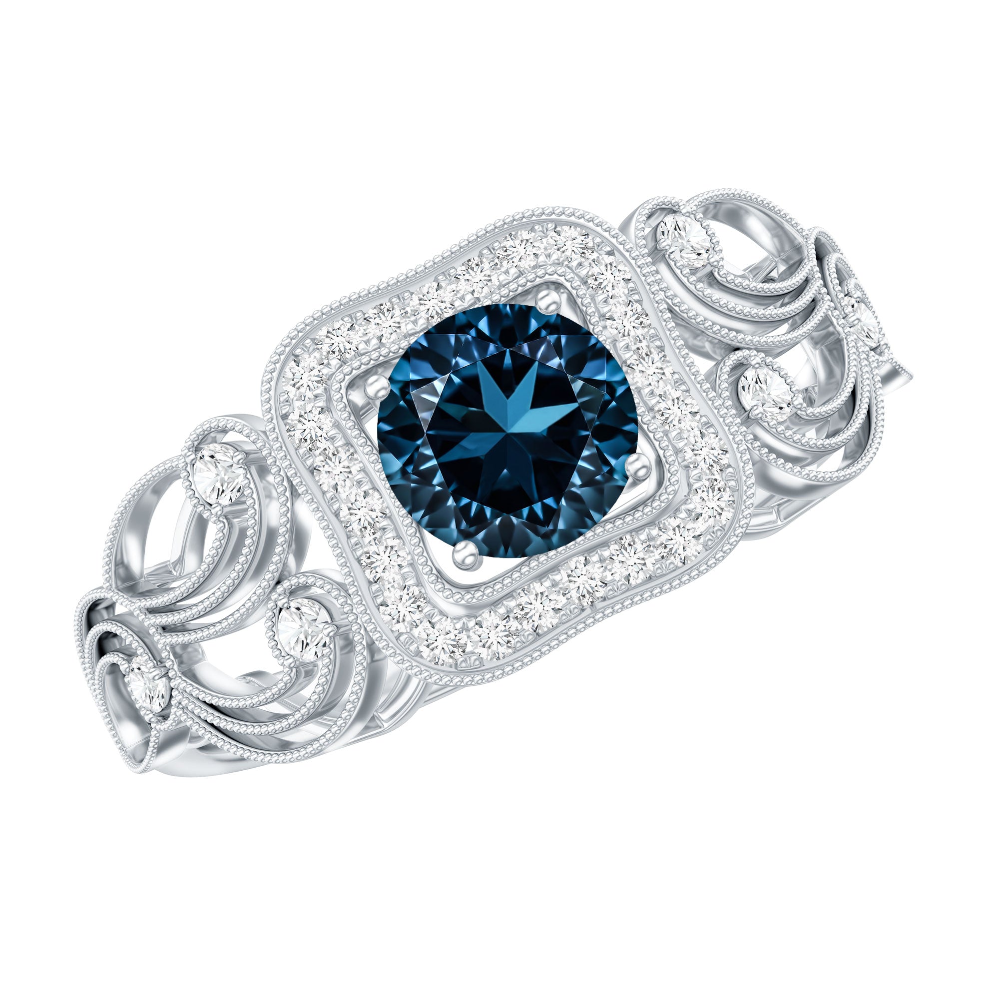 Certified London Blue Topaz Art Deco Engagement Ring with Diamond Halo AAA - Rosec Jewels