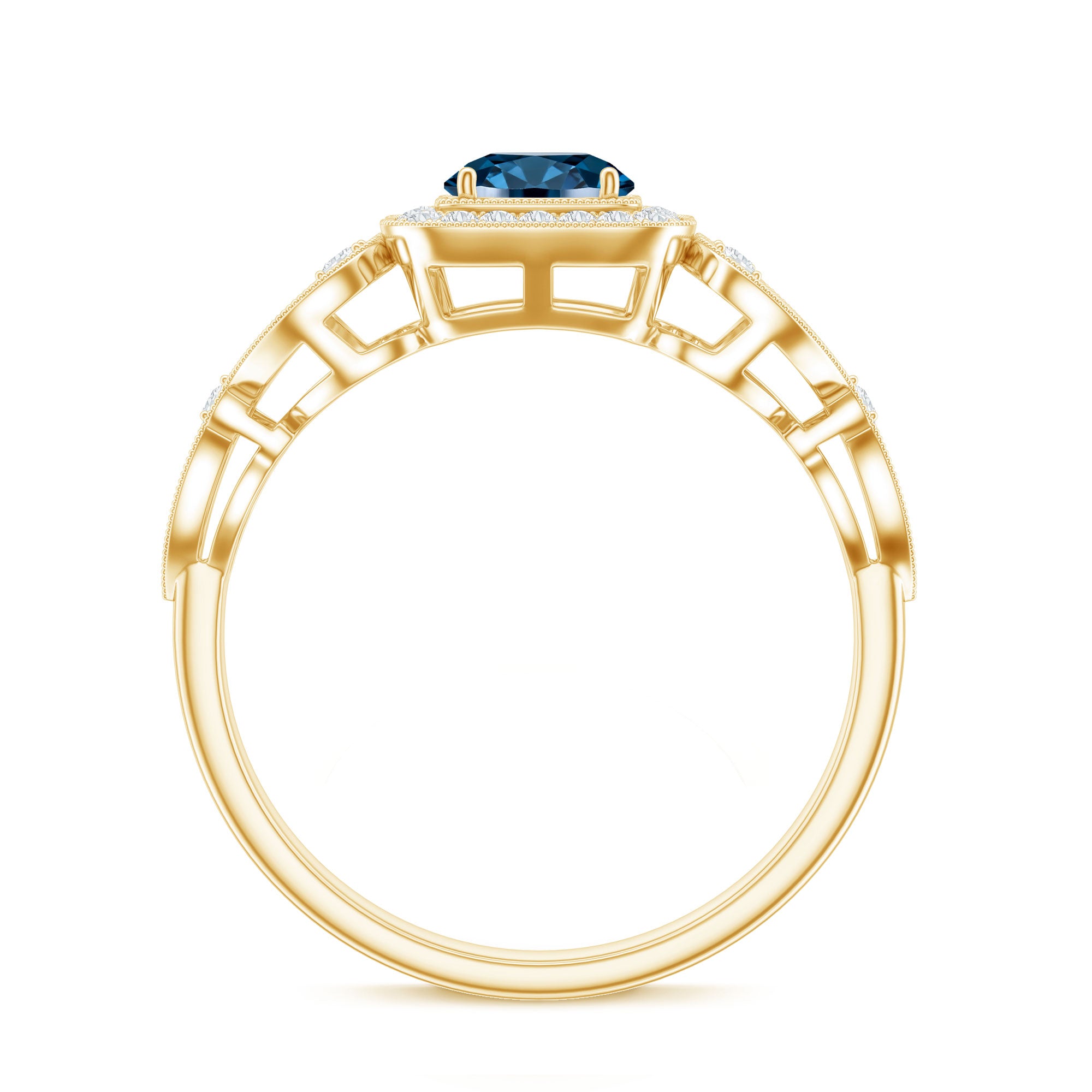 Certified London Blue Topaz Art Deco Engagement Ring with Diamond Halo AAA - Rosec Jewels