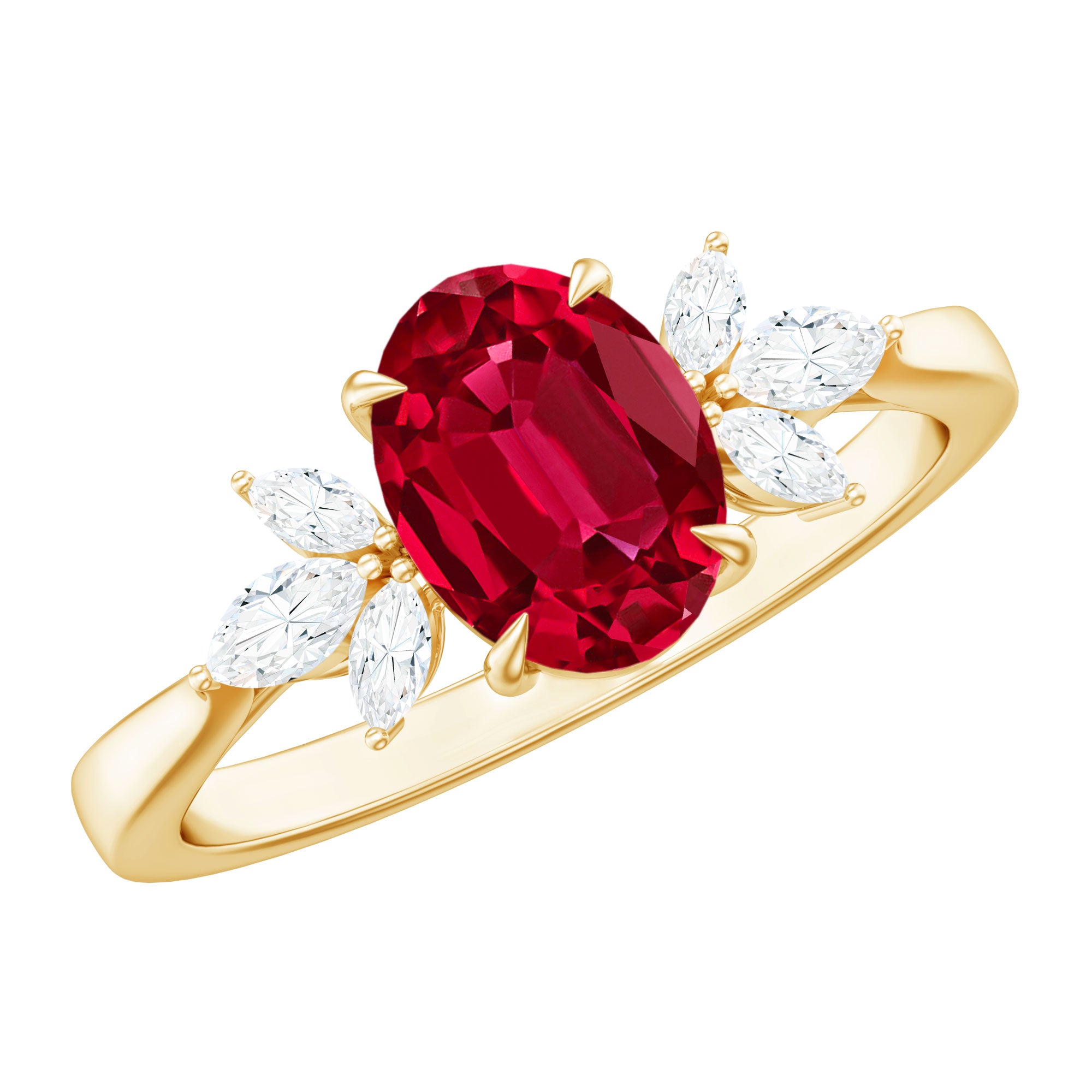 2 CT Claw Set Oval Created Ruby Solitaire and Marquise Diamond Trio Ring AAAA - Rosec Jewels