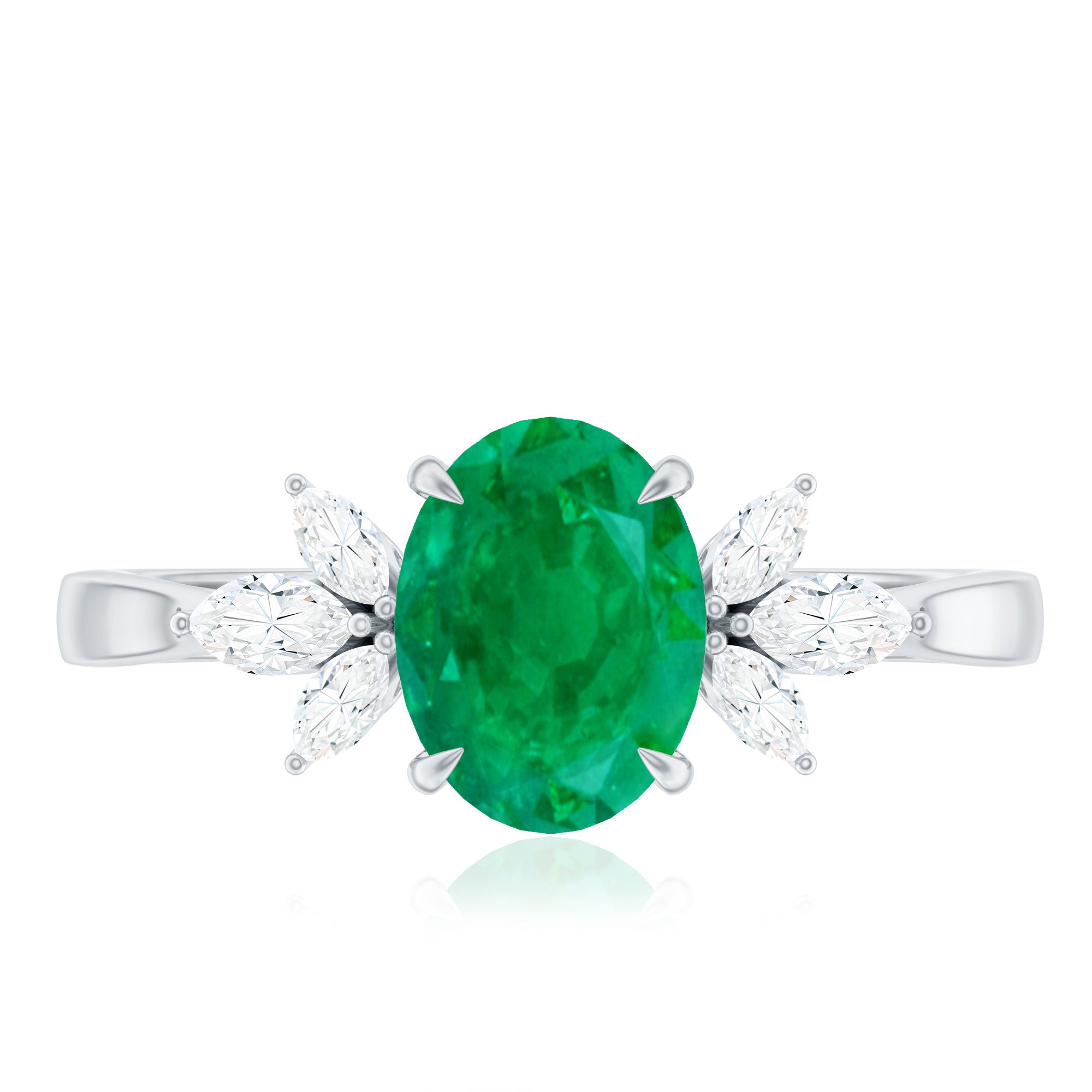 Natural 6X8MM Oval Emerald Engagement Ring with Diamond Trio AAA - Rosec Jewels