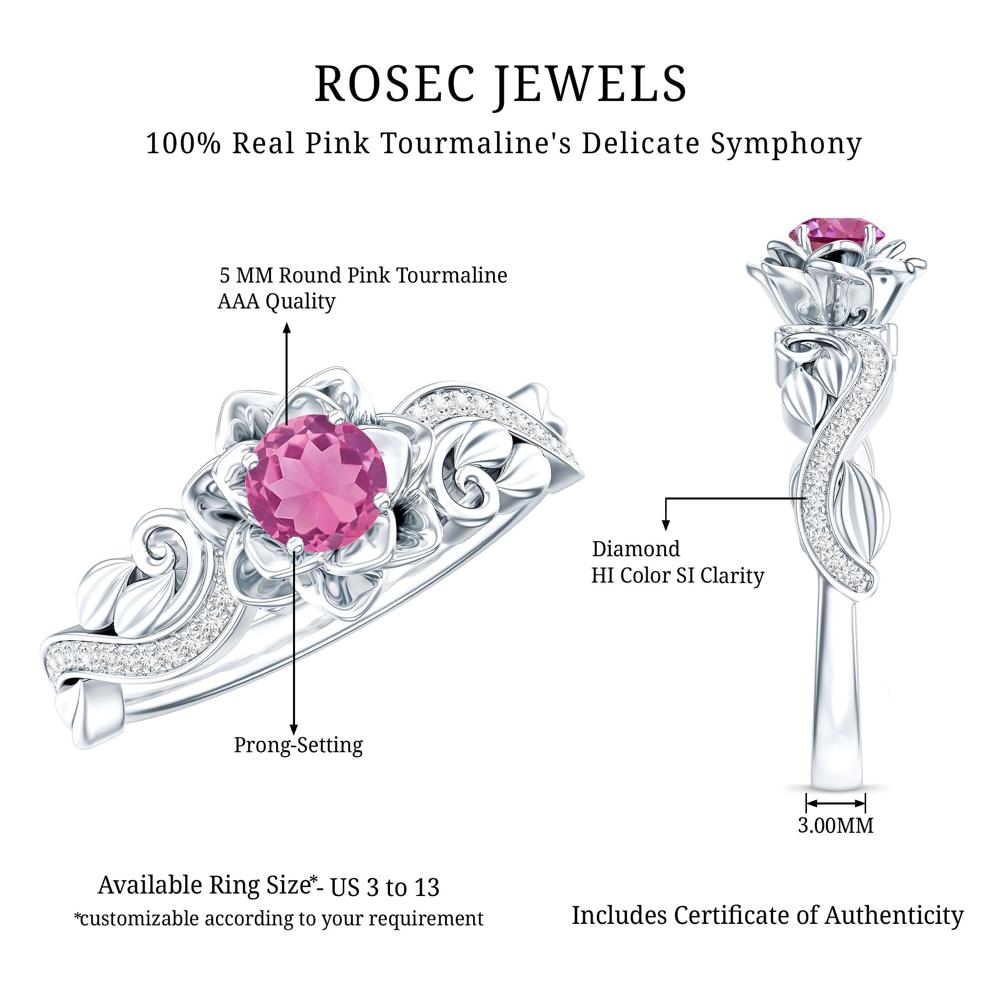 Rosec Jewels-Nature Inspired Pink Tourmaline and Diamond Engagement Ring