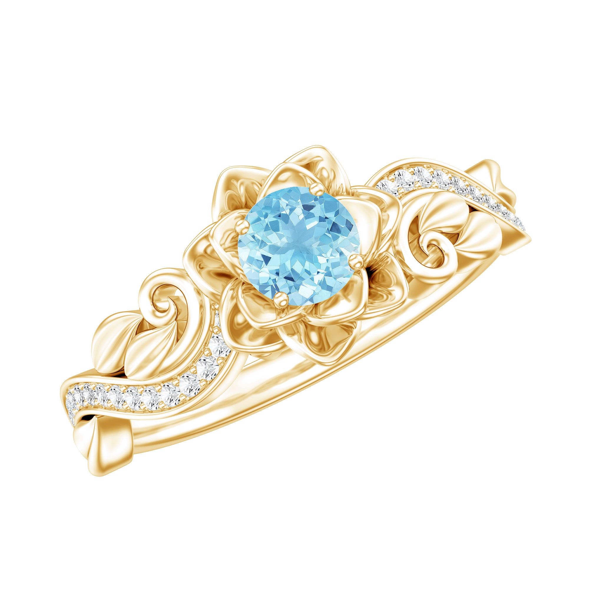 Natural Aquamarine Flower Inspired Engagement Ring With Diamond AAA - Rosec Jewels