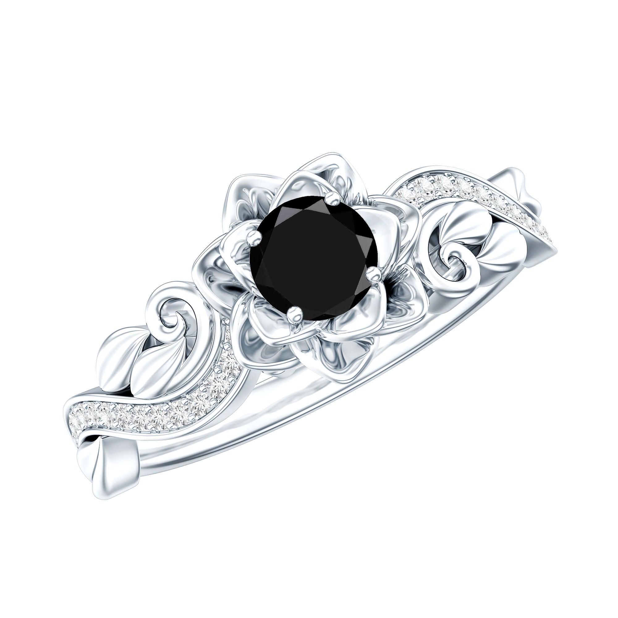 Nature Inspired Black Onyx and Diamond Floral Engagement Ring AAA - Rosec Jewels