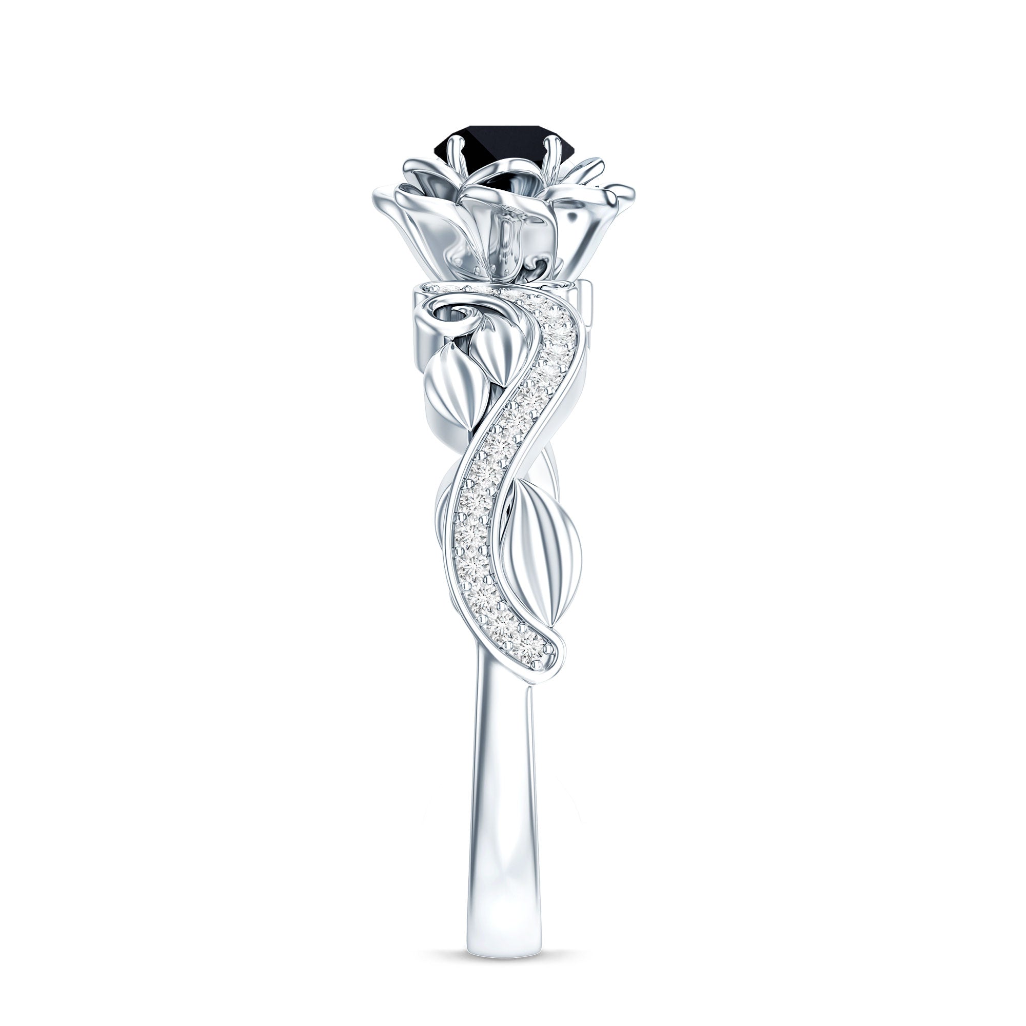 Nature Inspired Black Onyx and Diamond Floral Engagement Ring AAA - Rosec Jewels