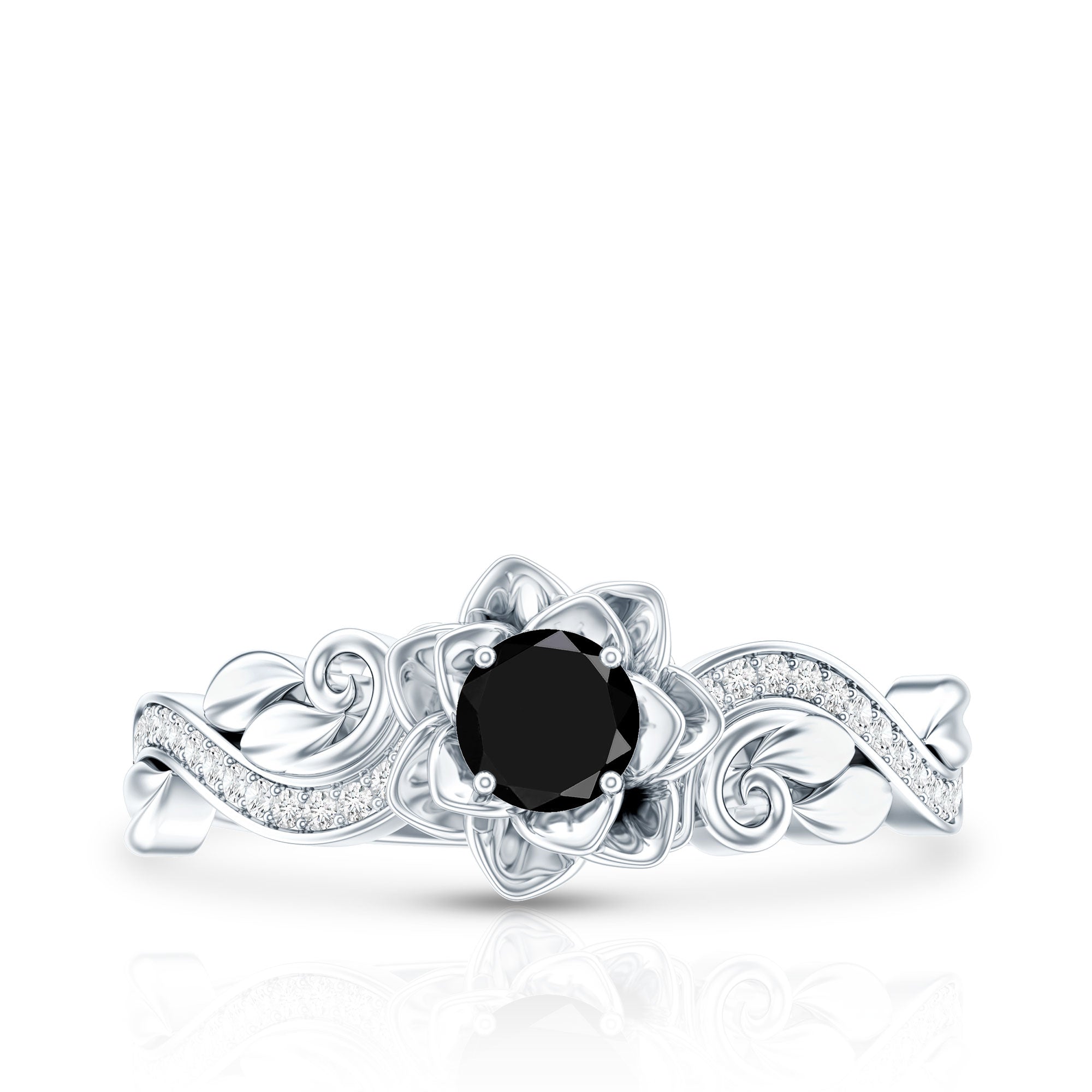 Nature Inspired Black Onyx and Diamond Floral Engagement Ring AAA - Rosec Jewels