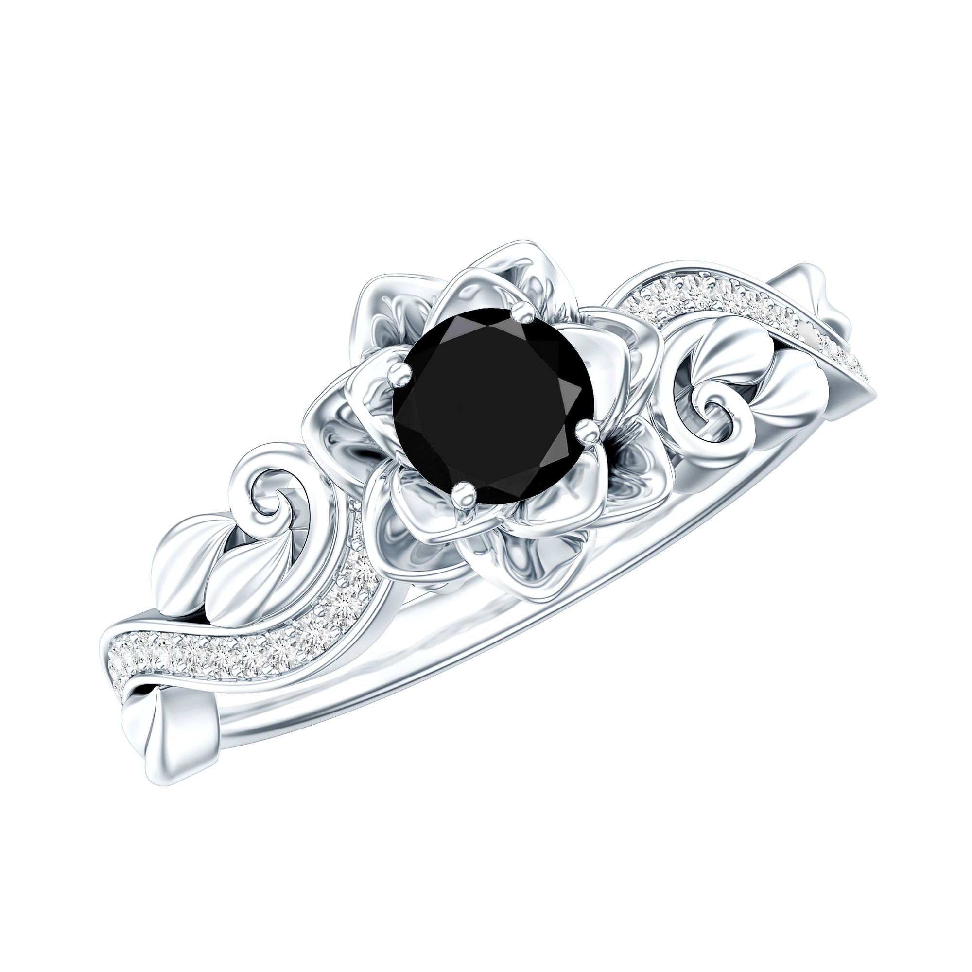 Rosec Jewels-Real Black Spinel Blooming Flower Engagement Ring with Diamond
