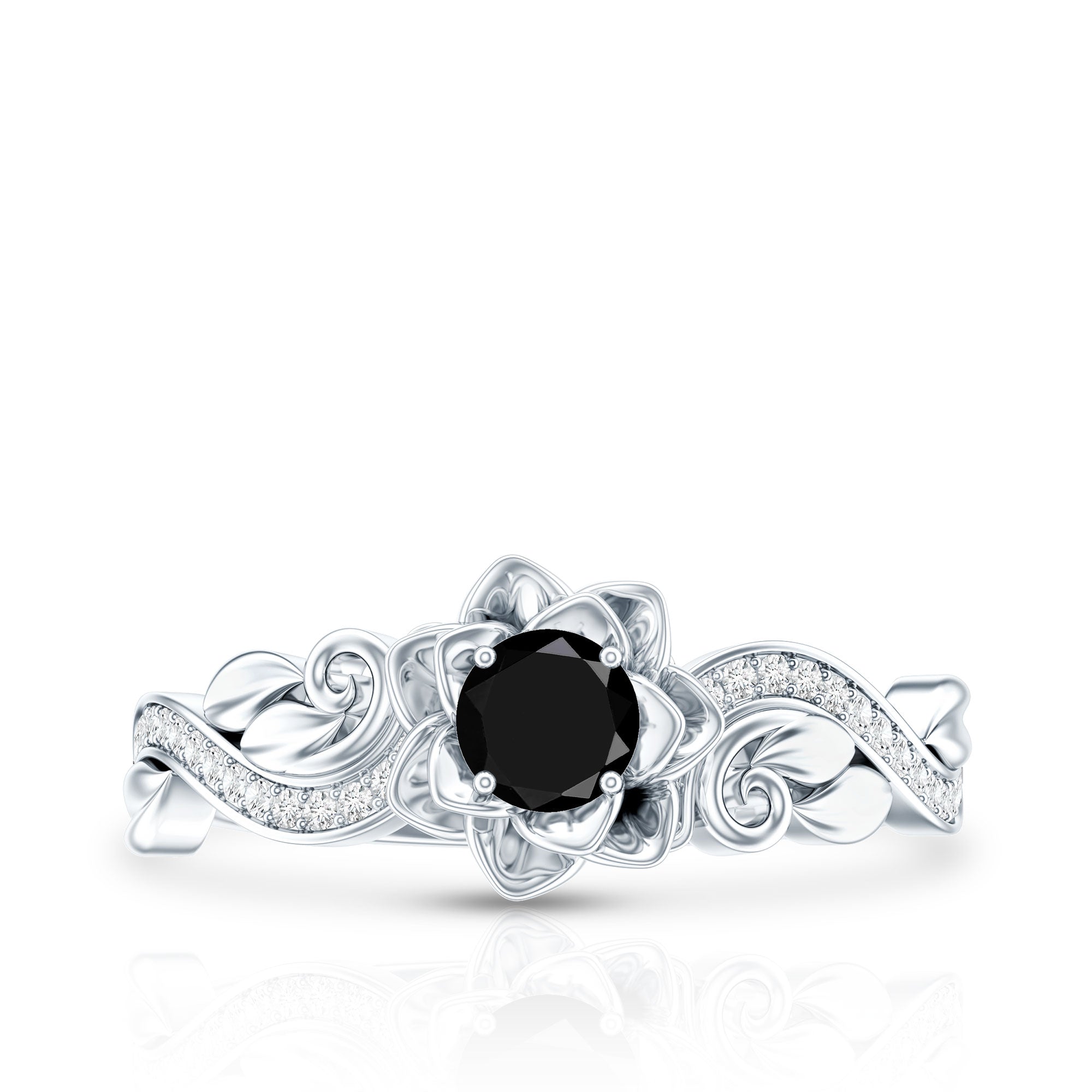 Rosec Jewels-Real Black Spinel Blooming Flower Engagement Ring with Diamond