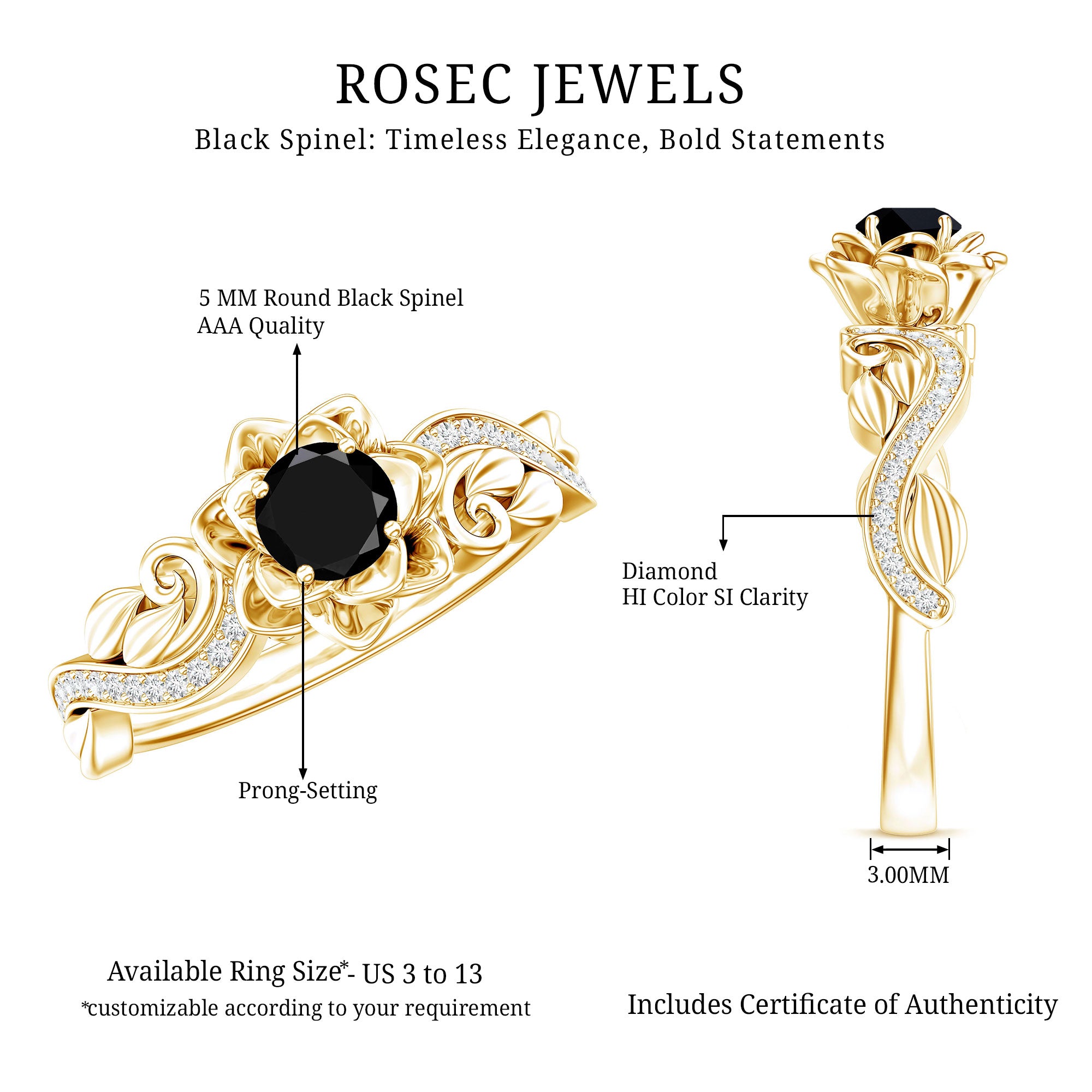 Rosec Jewels-Real Black Spinel Blooming Flower Engagement Ring with Diamond