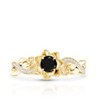 Real Black Spinel Blooming Flower Engagement Ring with Diamond AAA - Rosec Jewels