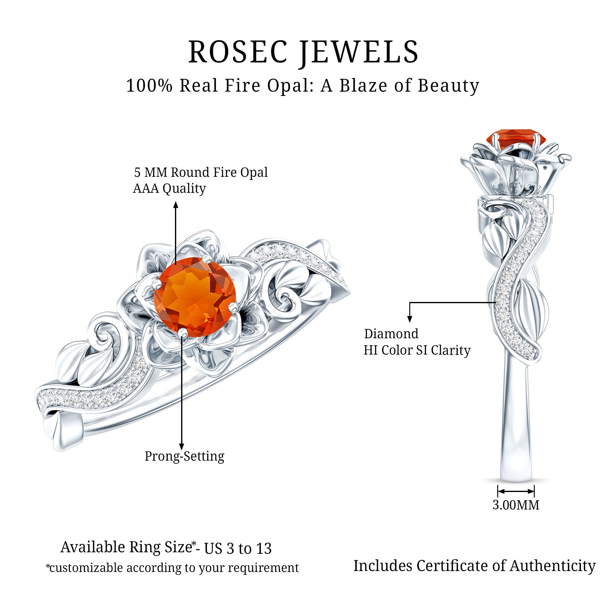 Rosec Jewels-Nature Inspired Fire Opal and Diamond Engagement Ring with Certificate