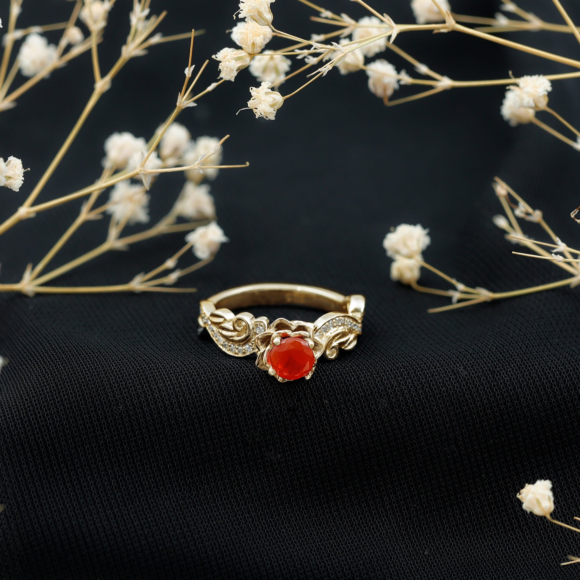 Rosec Jewels-Nature Inspired Fire Opal and Diamond Engagement Ring with Certificate