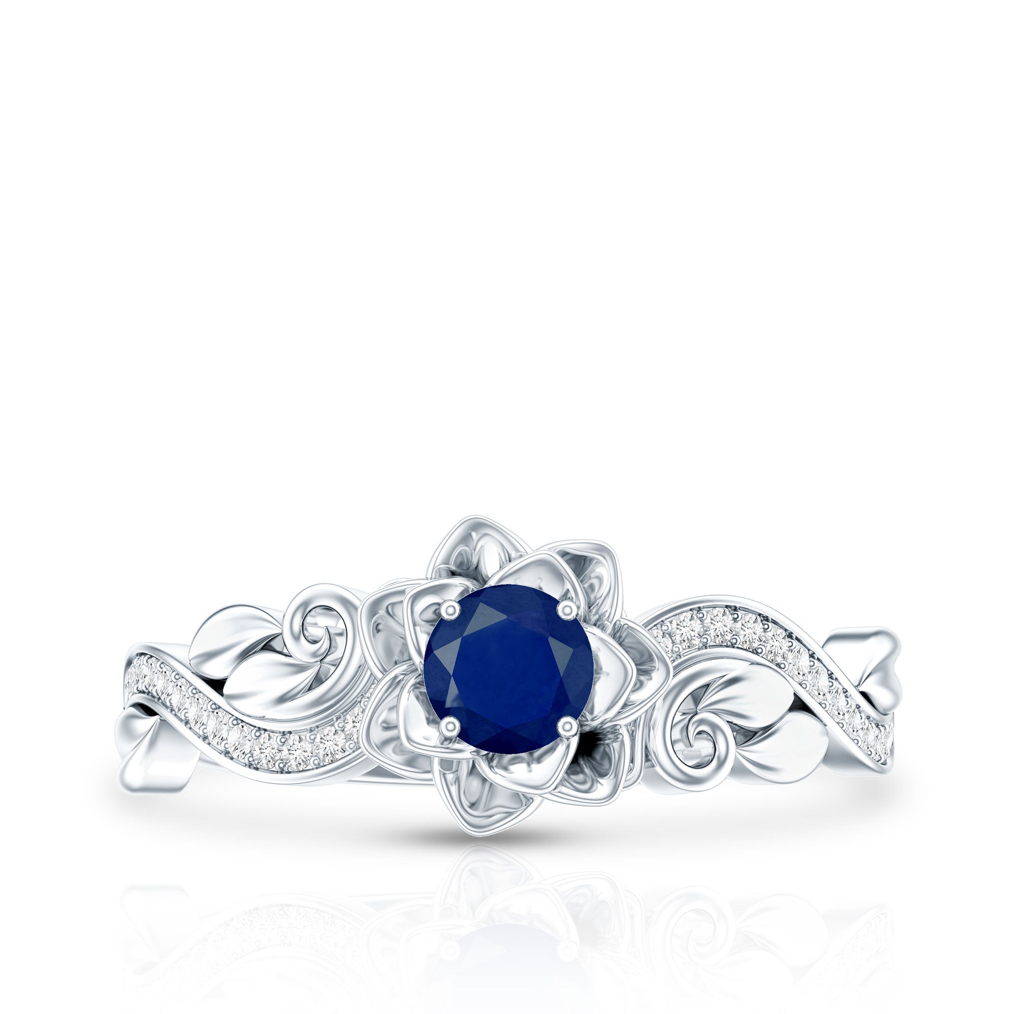 Rosec Jewels-Rose Flower Engagement Ring with Genuine Blue Sapphire and Diamond