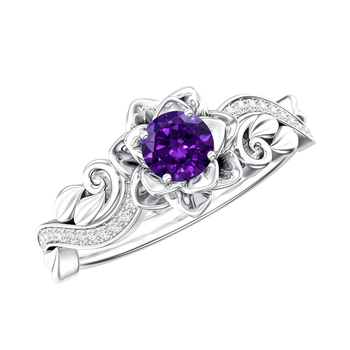 Real Amethyst Nature Inspired Engagement Ring With Diamond AAA - Rosec Jewels