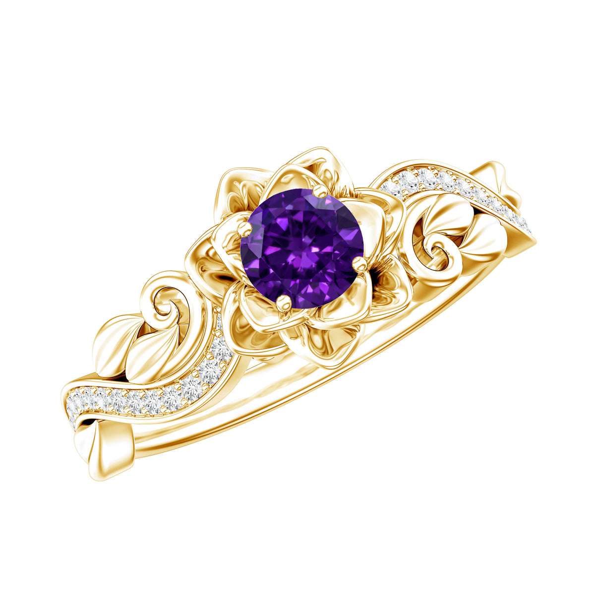 Real Amethyst Nature Inspired Engagement Ring With Diamond AAA - Rosec Jewels
