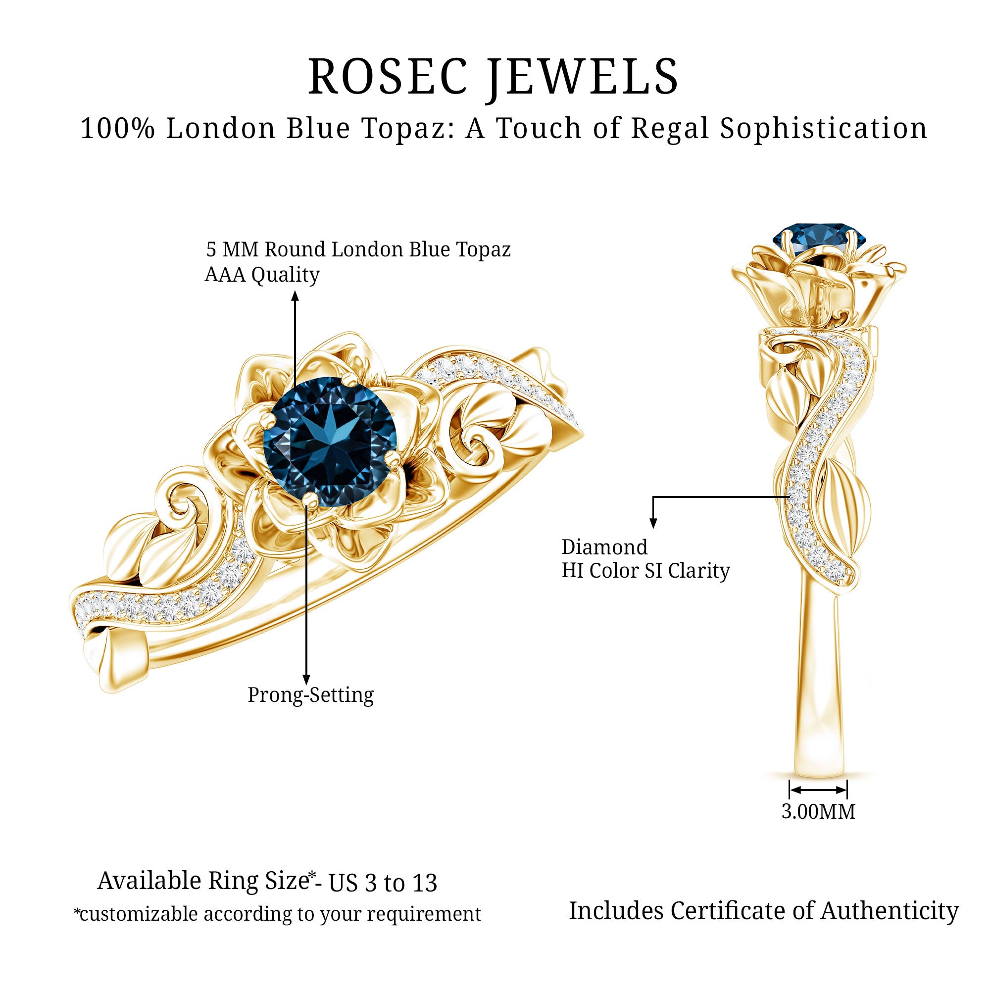 5mm Round Shape London Blue Topaz Nature Inspired Engagement Ring with Diamond AAA - Rosec Jewels