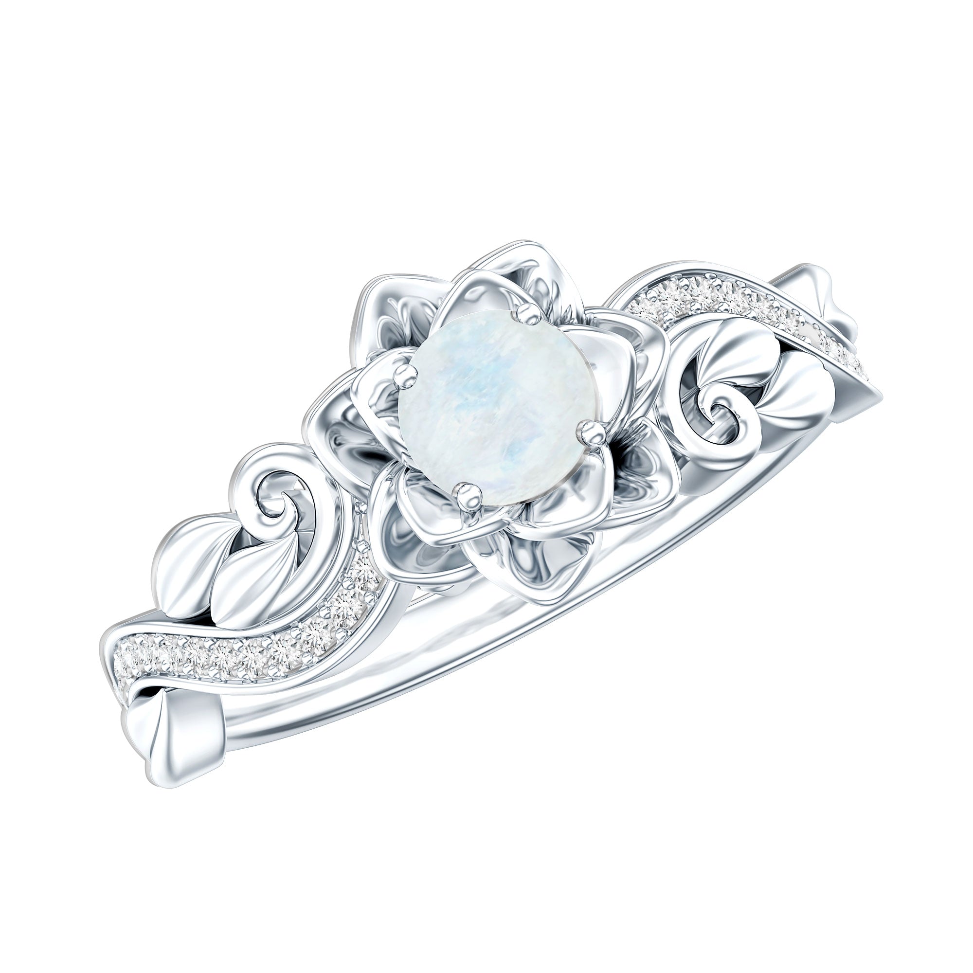 Natural Moonstone Rose Flower Engagement Ring With Diamond AAA - Rosec Jewels