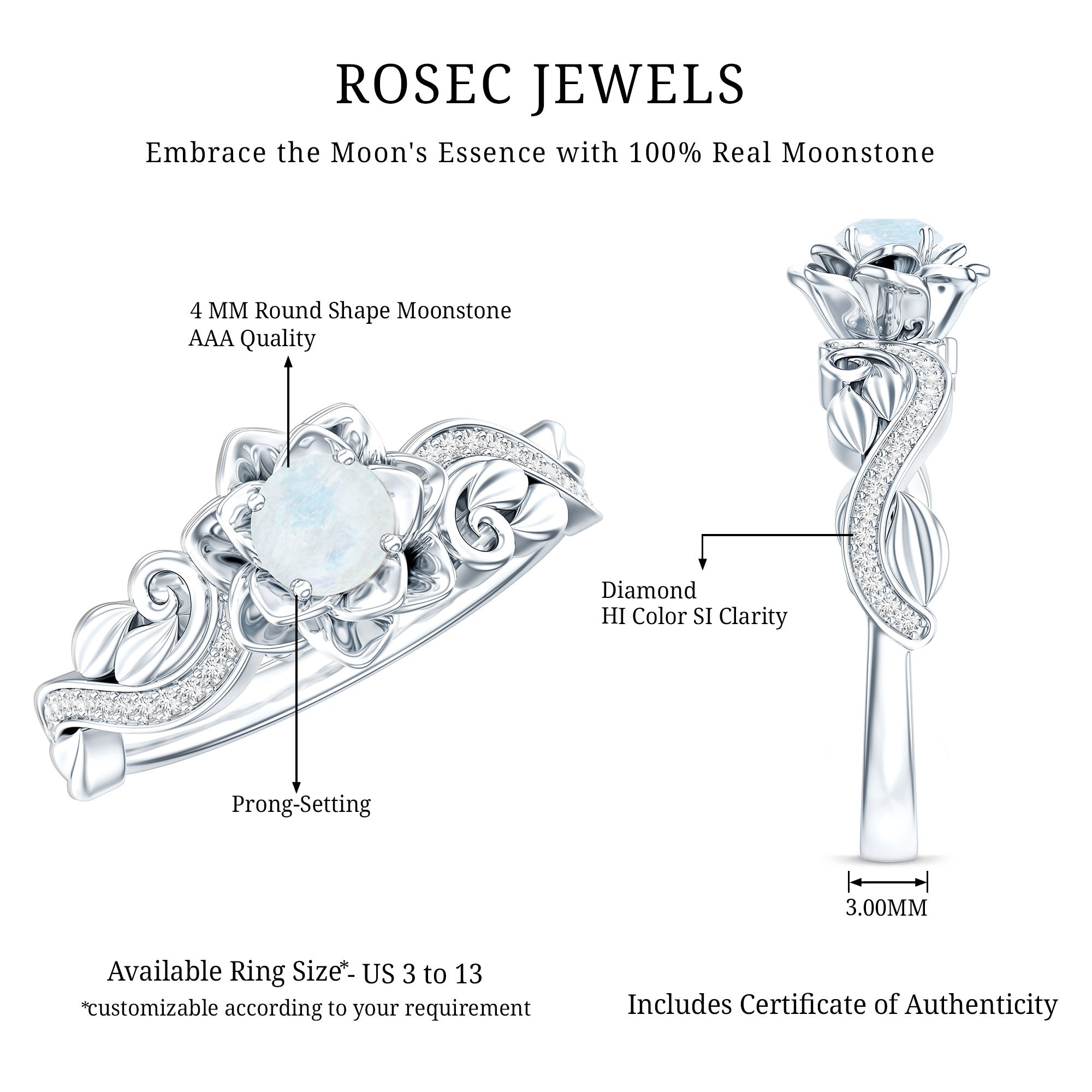 Natural Moonstone Rose Flower Engagement Ring With Diamond AAA - Rosec Jewels