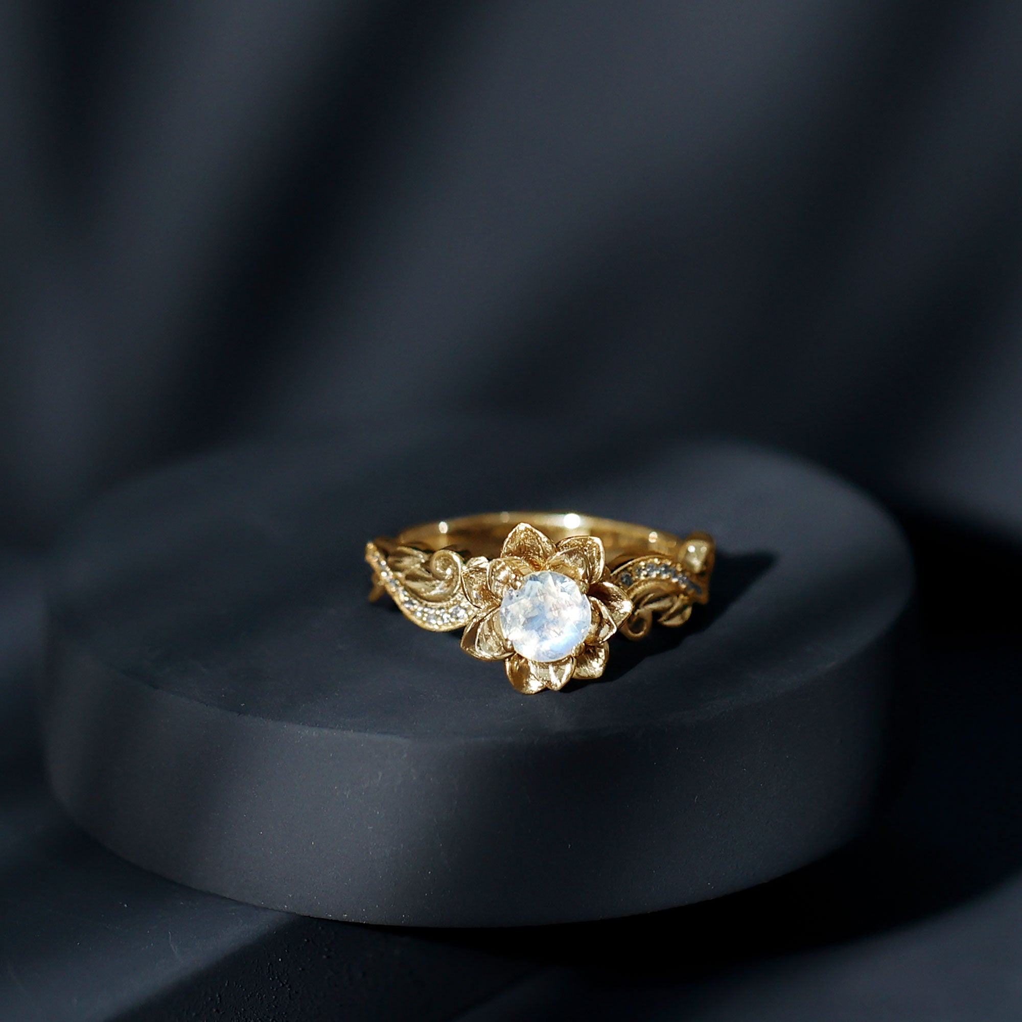 Natural Moonstone Rose Flower Engagement Ring With Diamond AAA - Rosec Jewels
