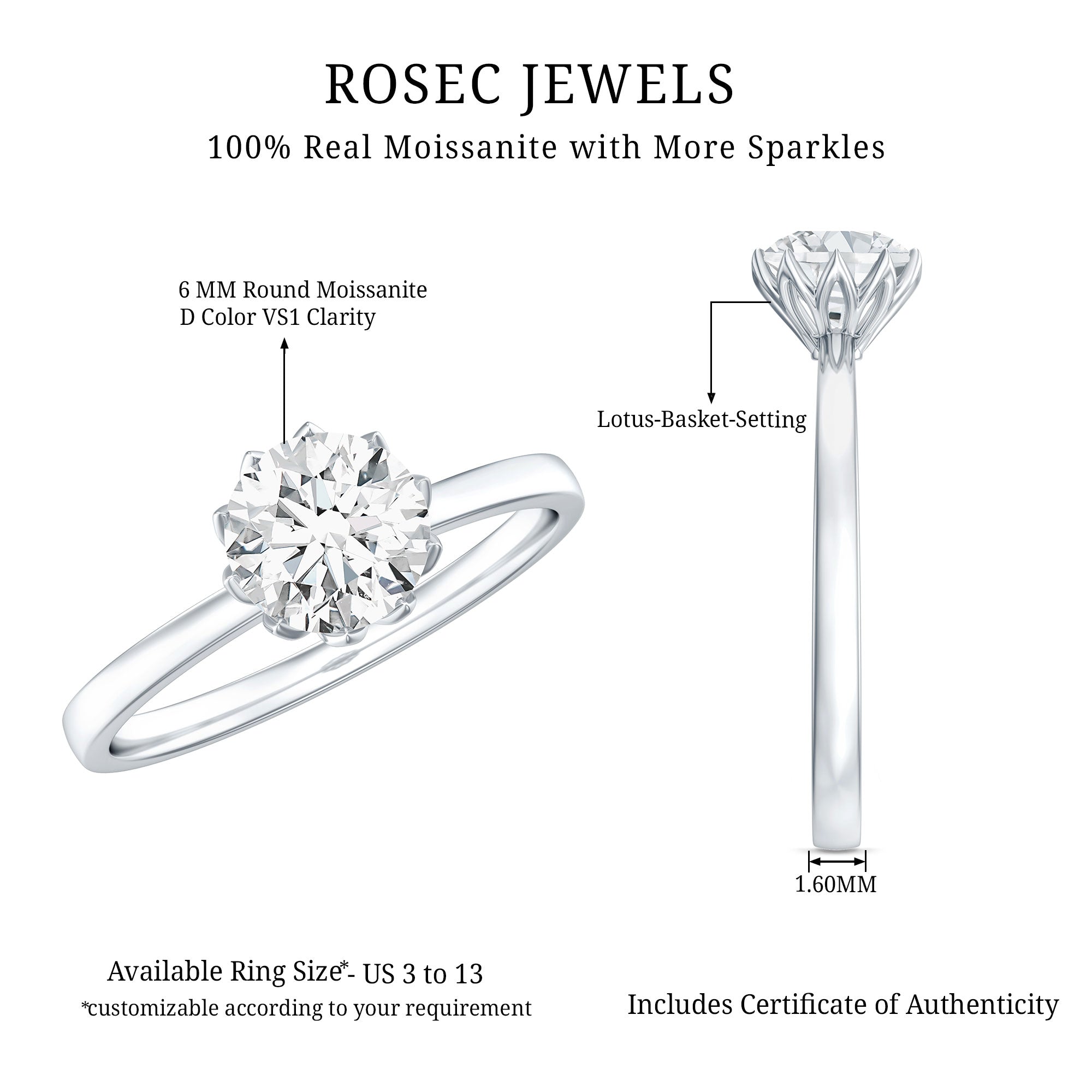1 CT Moissanite Solitaire Ring in Lotus Basket Setting D-VS1 - Rosec Jewels