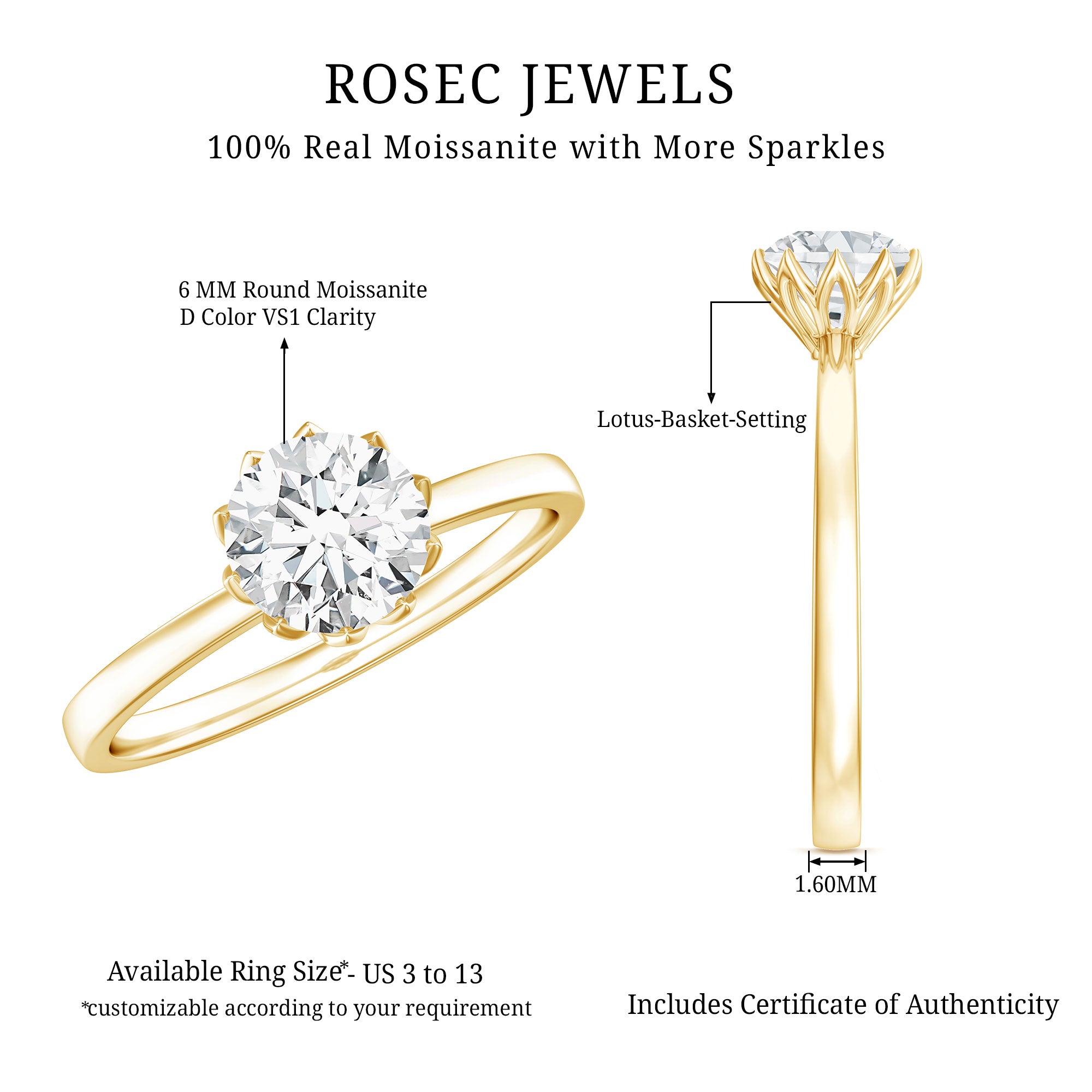 1 CT Moissanite Solitaire Ring in Lotus Basket Setting D-VS1 - Rosec Jewels