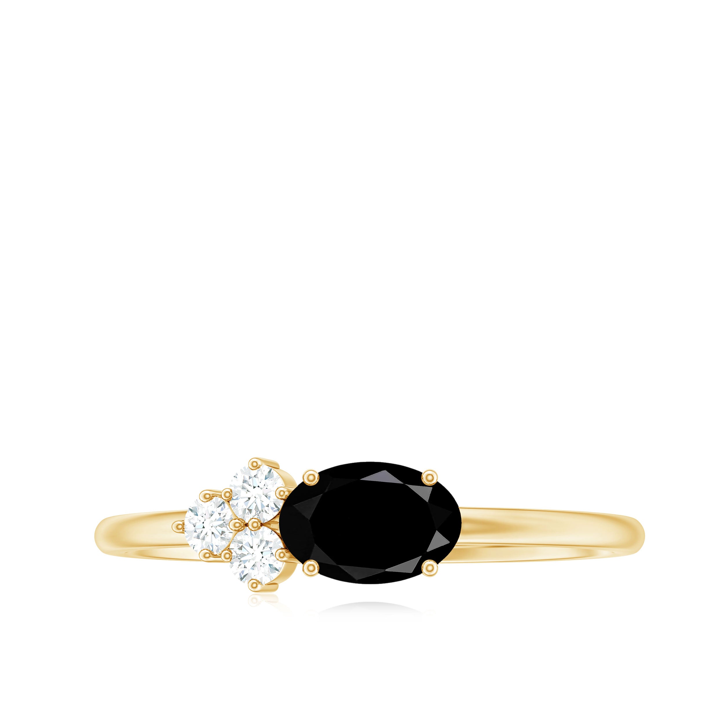 4x6mm Oval Cut Black Onyx Minimal Promise Ring with Diamond Trio AAA - Rosec Jewels