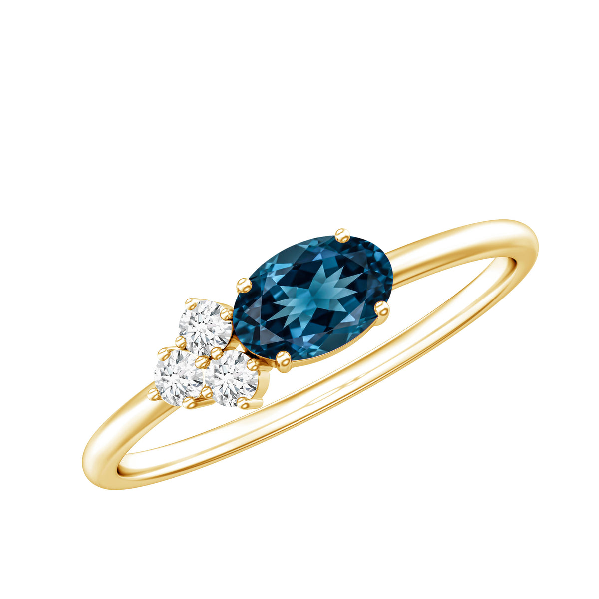 0.4 Carat Oval Cut London Blue Topaz East West Promise Ring with Diamond Trio AAA - Rosec Jewels