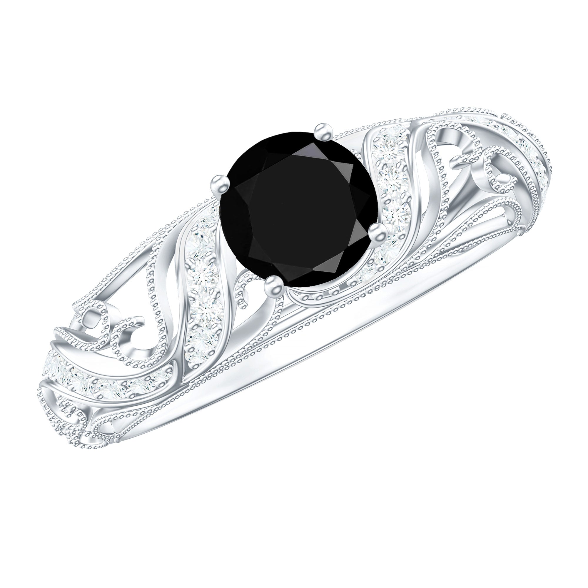 Rosec Jewels-Vintage Looking Black Spinel Engagement Ring with Diamond