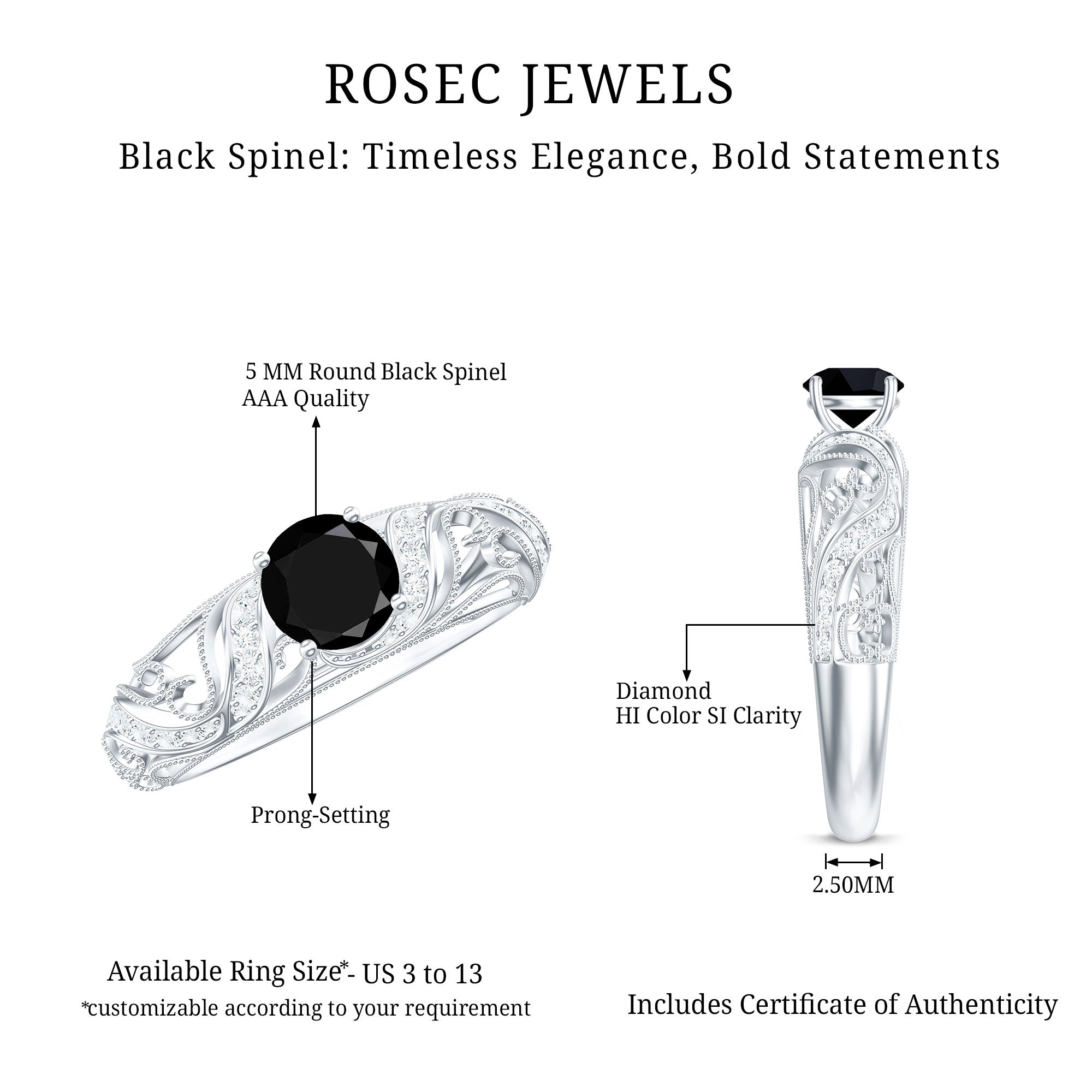 Rosec Jewels-Vintage Looking Black Spinel Engagement Ring with Diamond