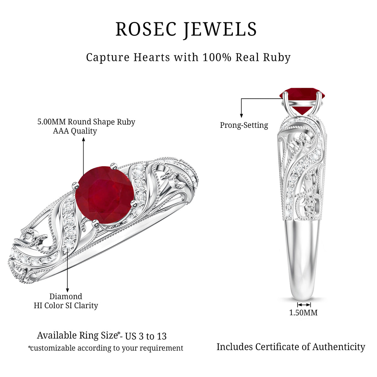 Vintage Style 0.6 Carat Ruby Engagement Ring with Diamond AAA - Rosec Jewels