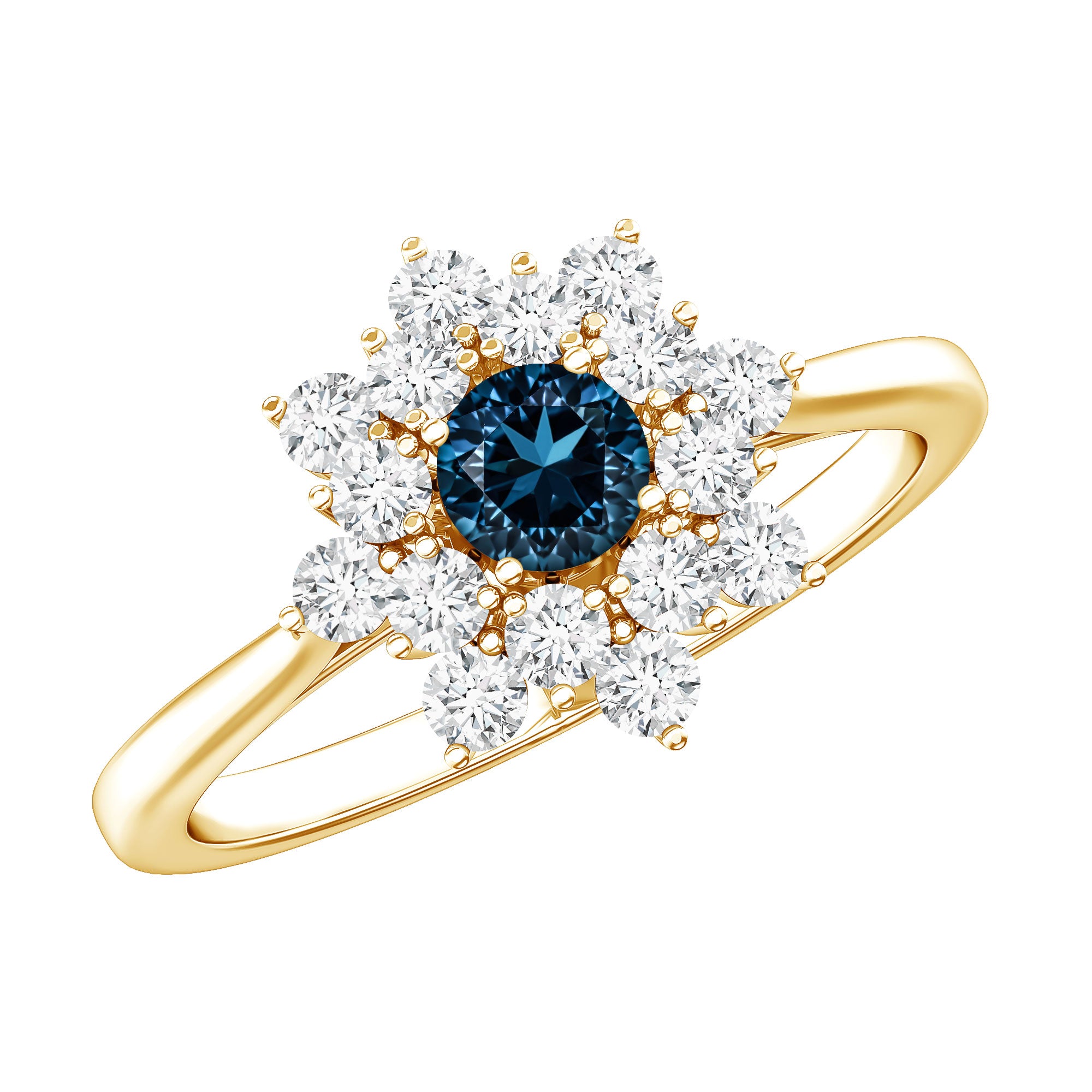 Genuine Round Cut London Blue Topaz Flower Engagement Ring with Diamonds AAA - Rosec Jewels