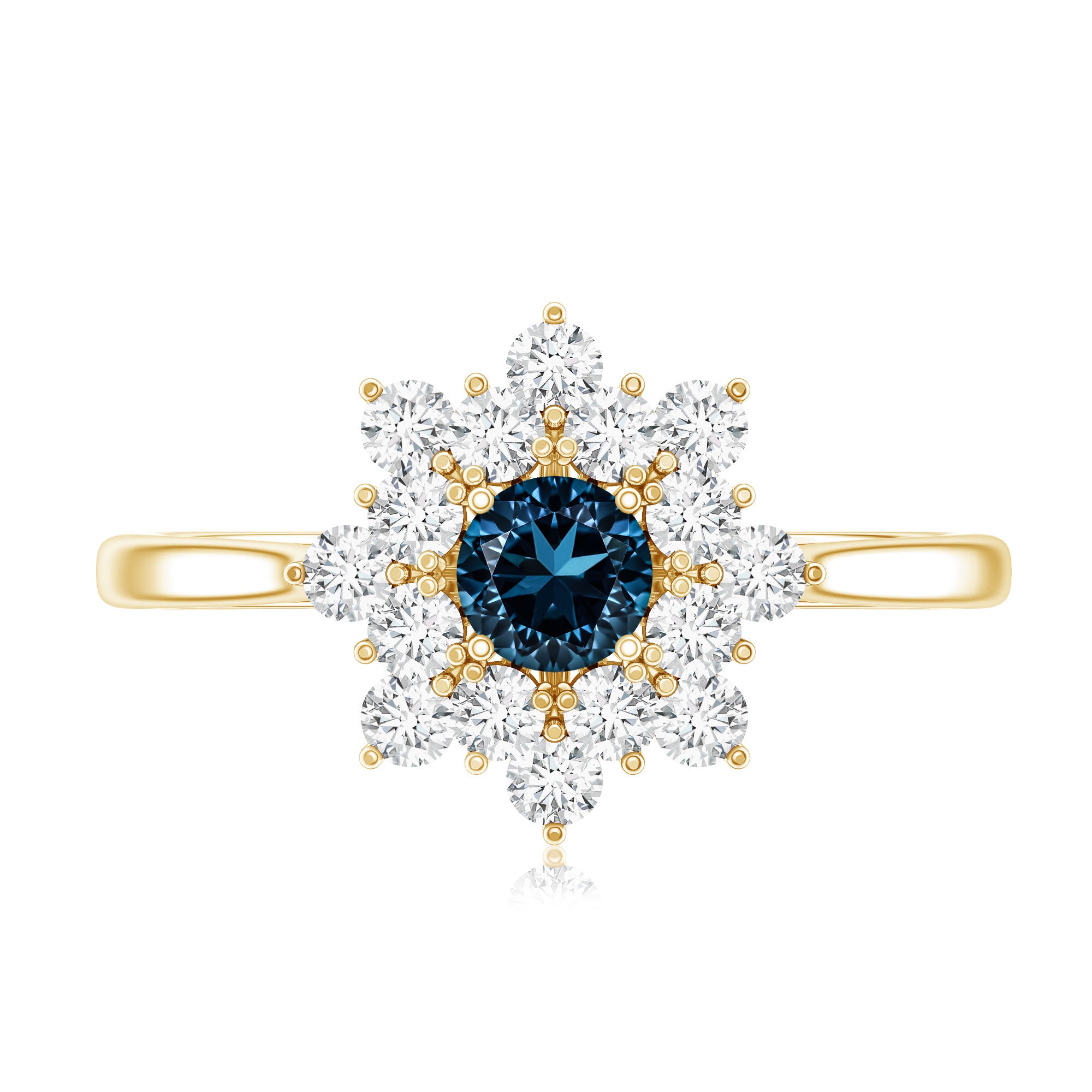 Genuine Round Cut London Blue Topaz Flower Engagement Ring with Diamonds AAA - Rosec Jewels