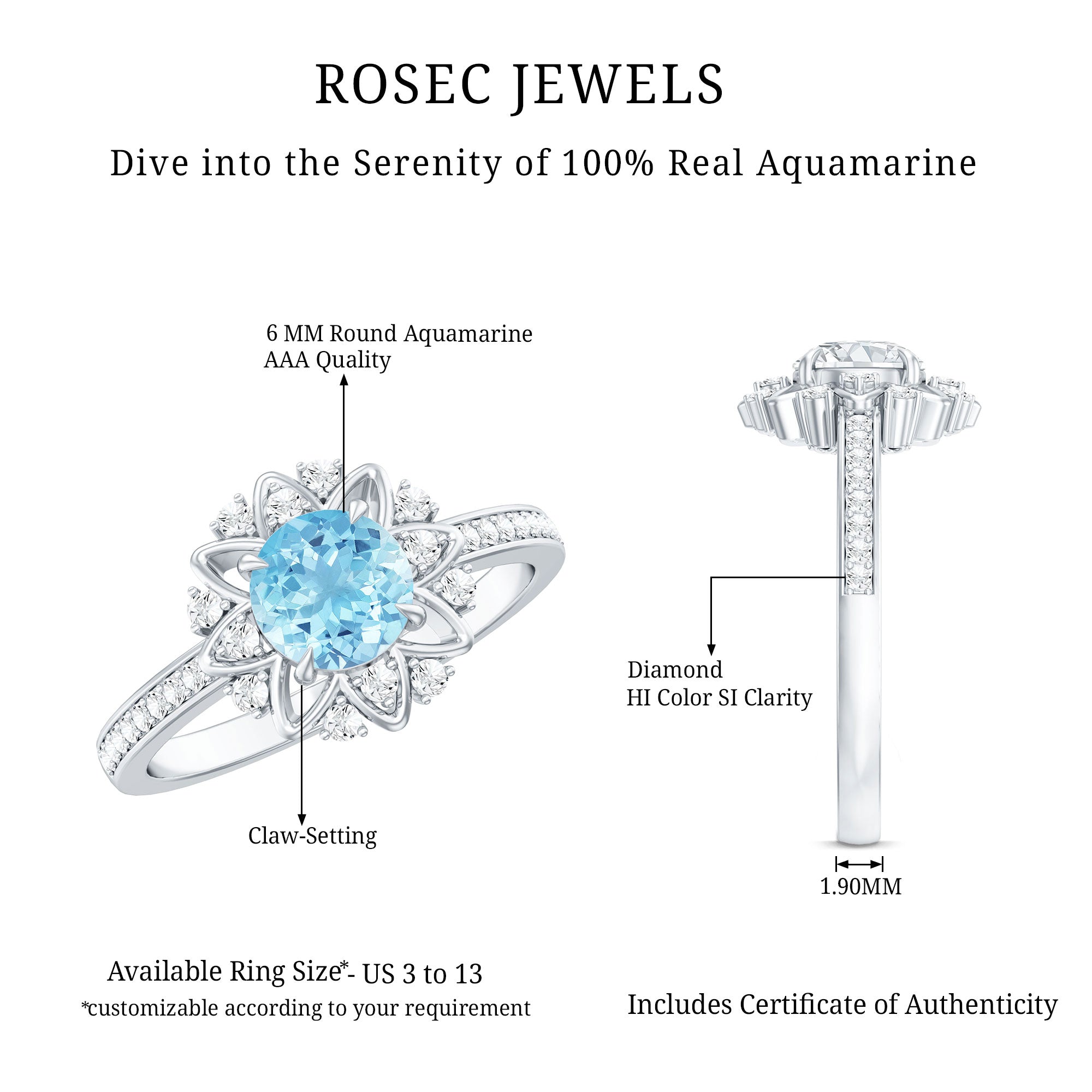 Rosec Jewels-Genuine 0.8 Aquamarine Floral Engagement Ring with Diamond Side Stones