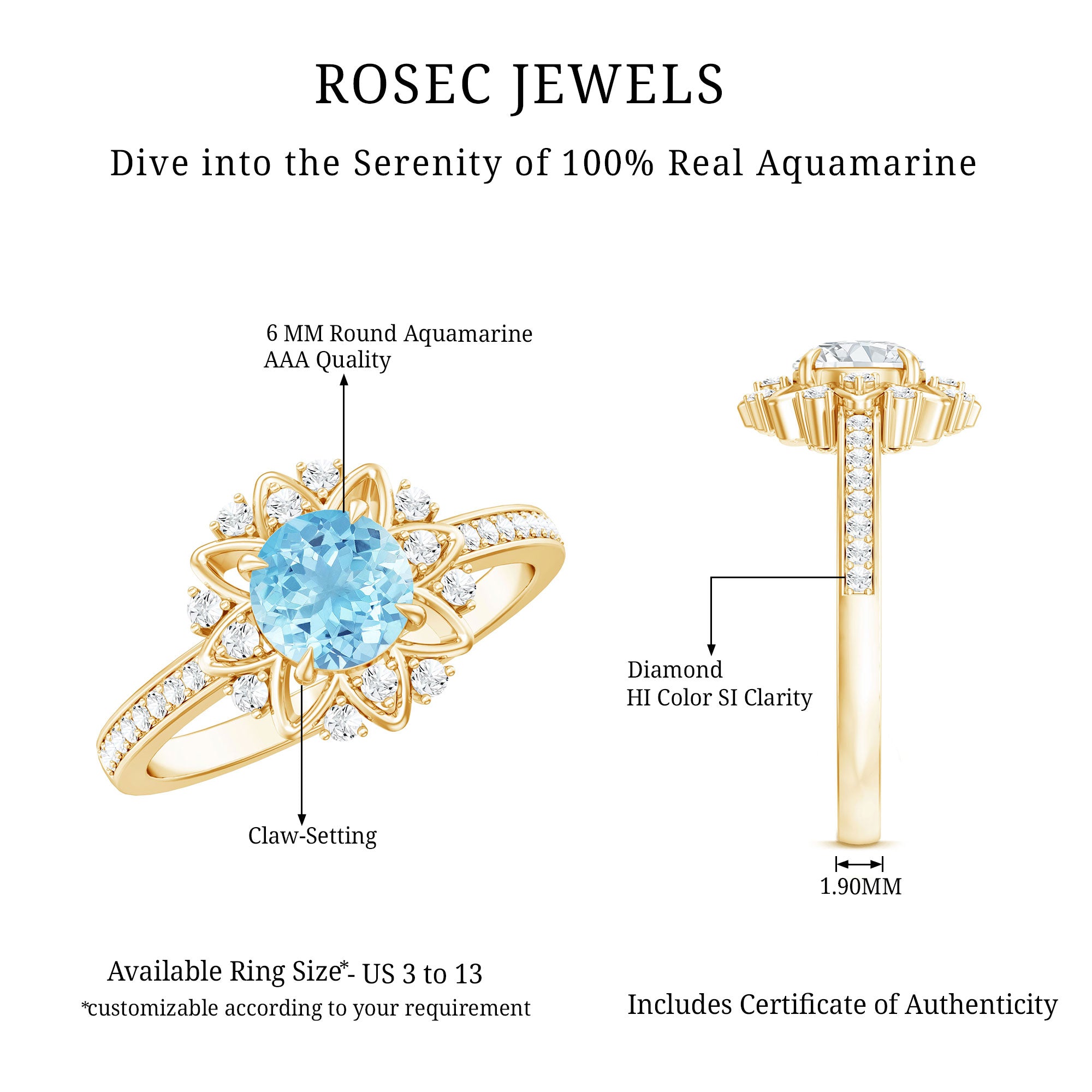 Rosec Jewels-Genuine 0.8 Aquamarine Floral Engagement Ring with Diamond Side Stones