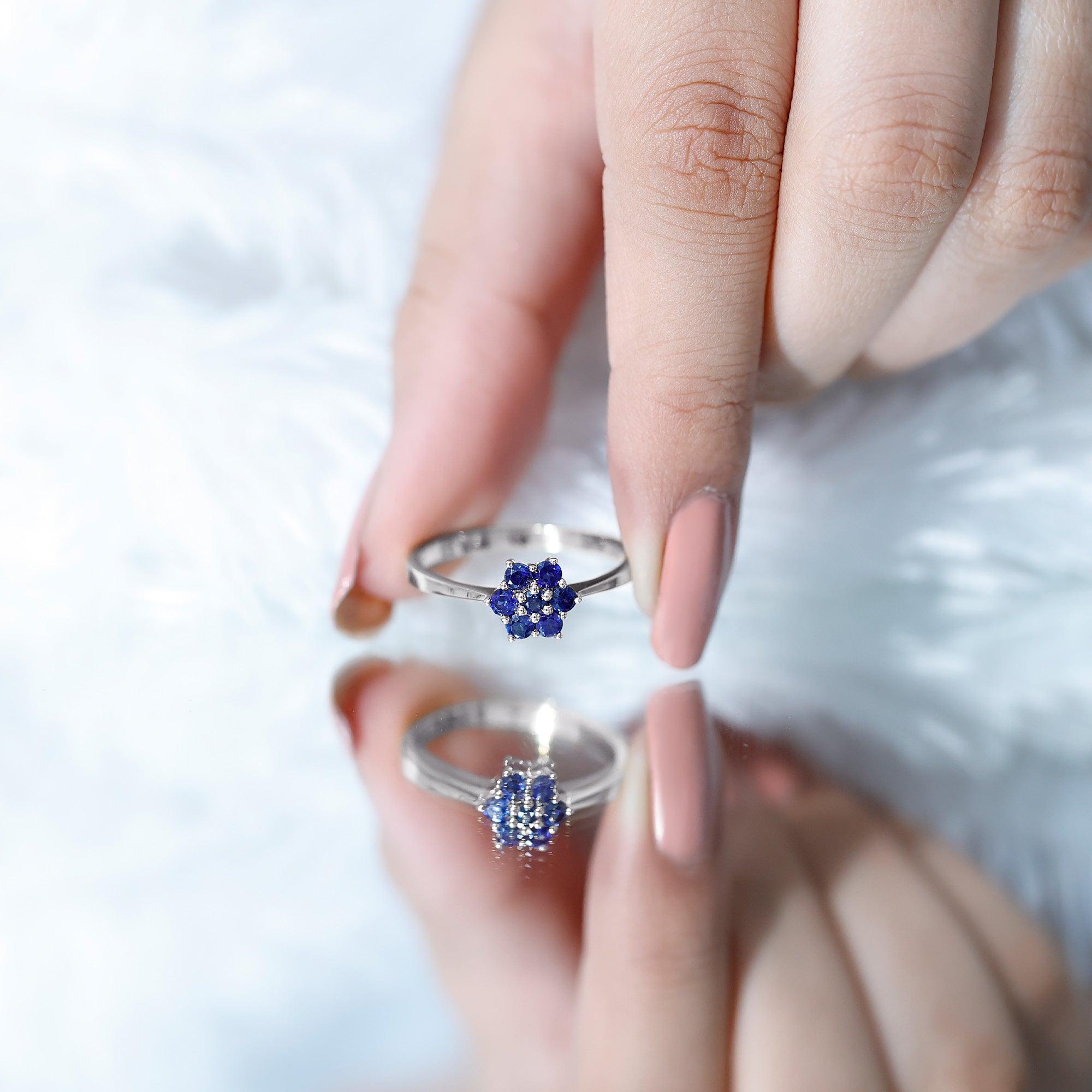 Rosec Jewels-1 CT Round Shape Blue Sapphire Cluster Flower Ring