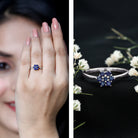 Rosec Jewels-1 CT Round Shape Blue Sapphire Cluster Flower Ring