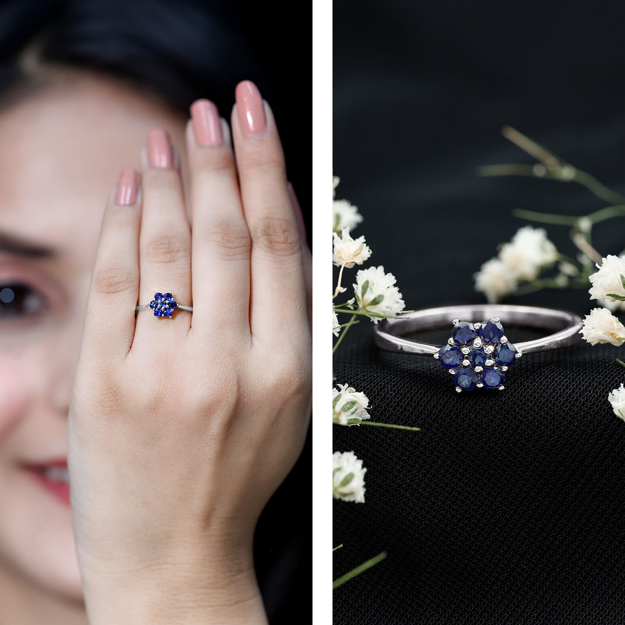 Rosec Jewels-1 CT Round Shape Blue Sapphire Cluster Flower Ring