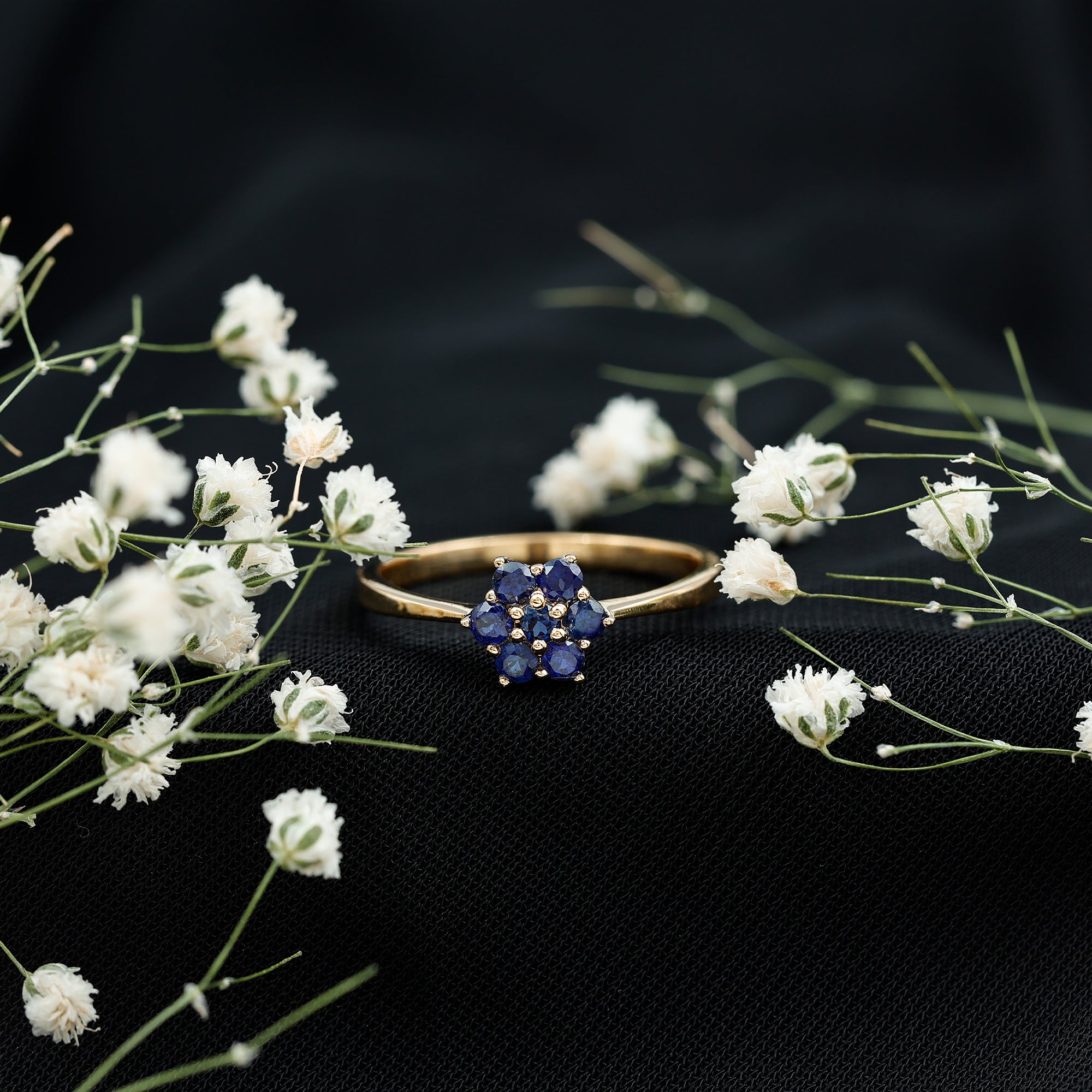 Rosec Jewels-1 CT Round Shape Blue Sapphire Cluster Flower Ring
