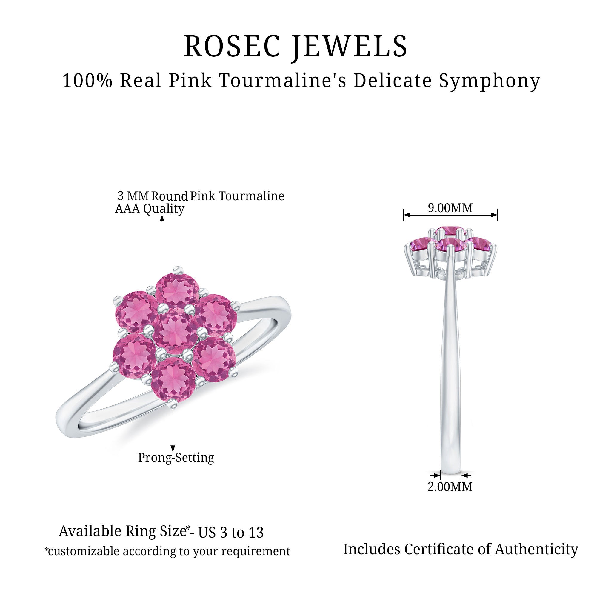 Rosec Jewels-Round Shape Pink Tourmaline Flower Engagement Ring