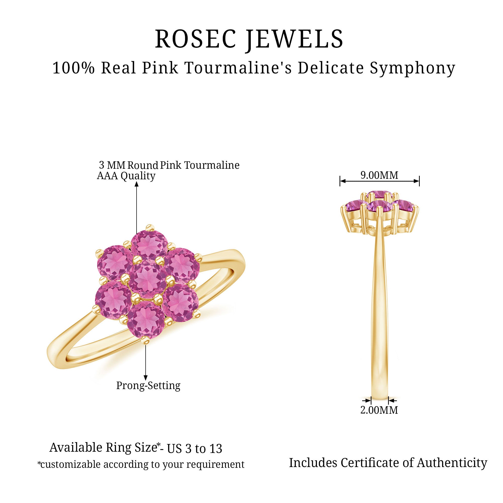 Rosec Jewels-Round Shape Pink Tourmaline Flower Engagement Ring